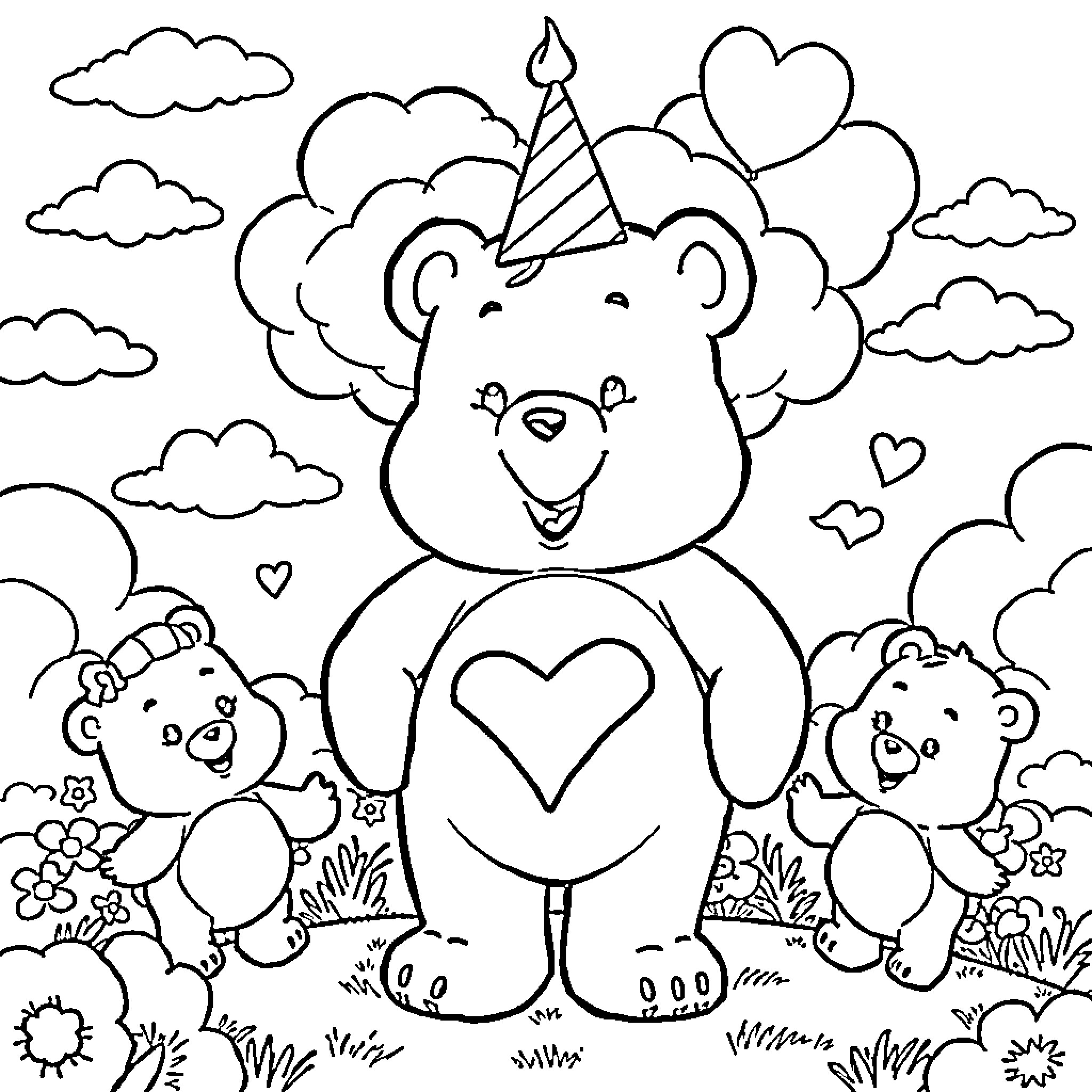 Care Bear celebrating with friends in nature Coloring Page (free black-and-white line drawing printable PDF for all, from beginners to advanced learners, including children, teens, adults, and seniors)