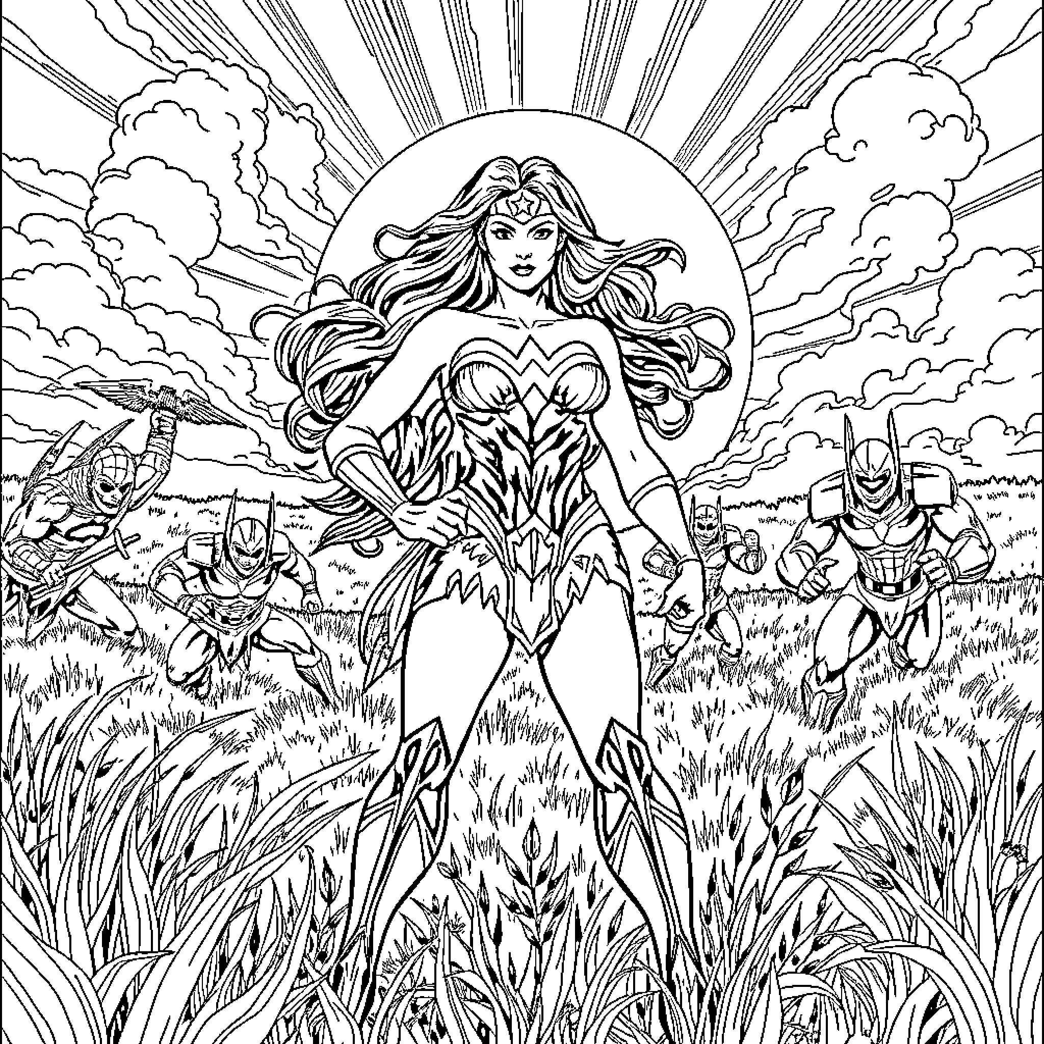 Wonder Woman Empowered in Battle Stance Coloring Page (free black-and-white line drawing printable PDF for all, from beginners to advanced learners, including children, teens, adults, and seniors)