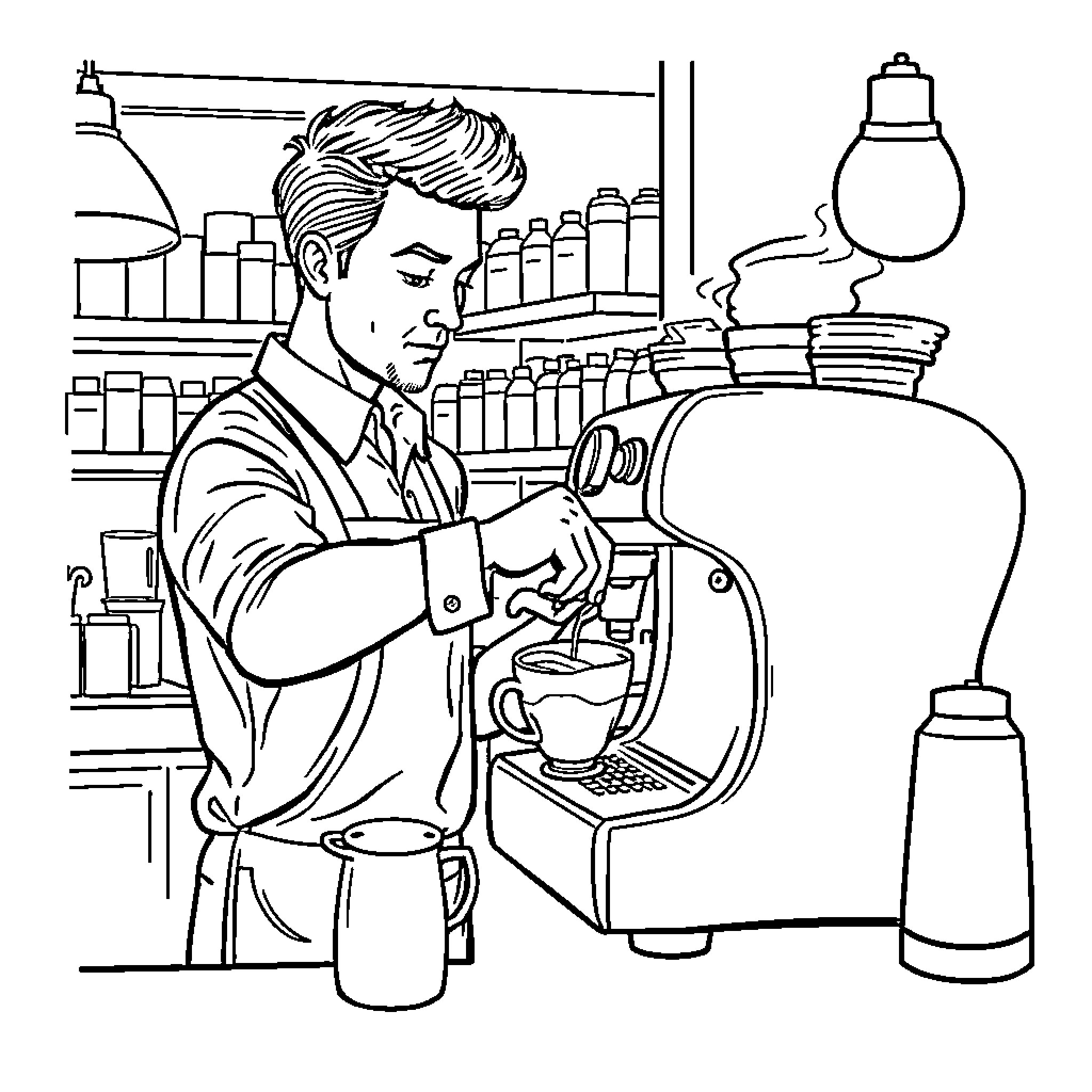 Barista preparing coffee in a cafe Coloring Page (free black-and-white line drawing printable PDF for all, from beginners to advanced learners, including children, teens, adults, and seniors)