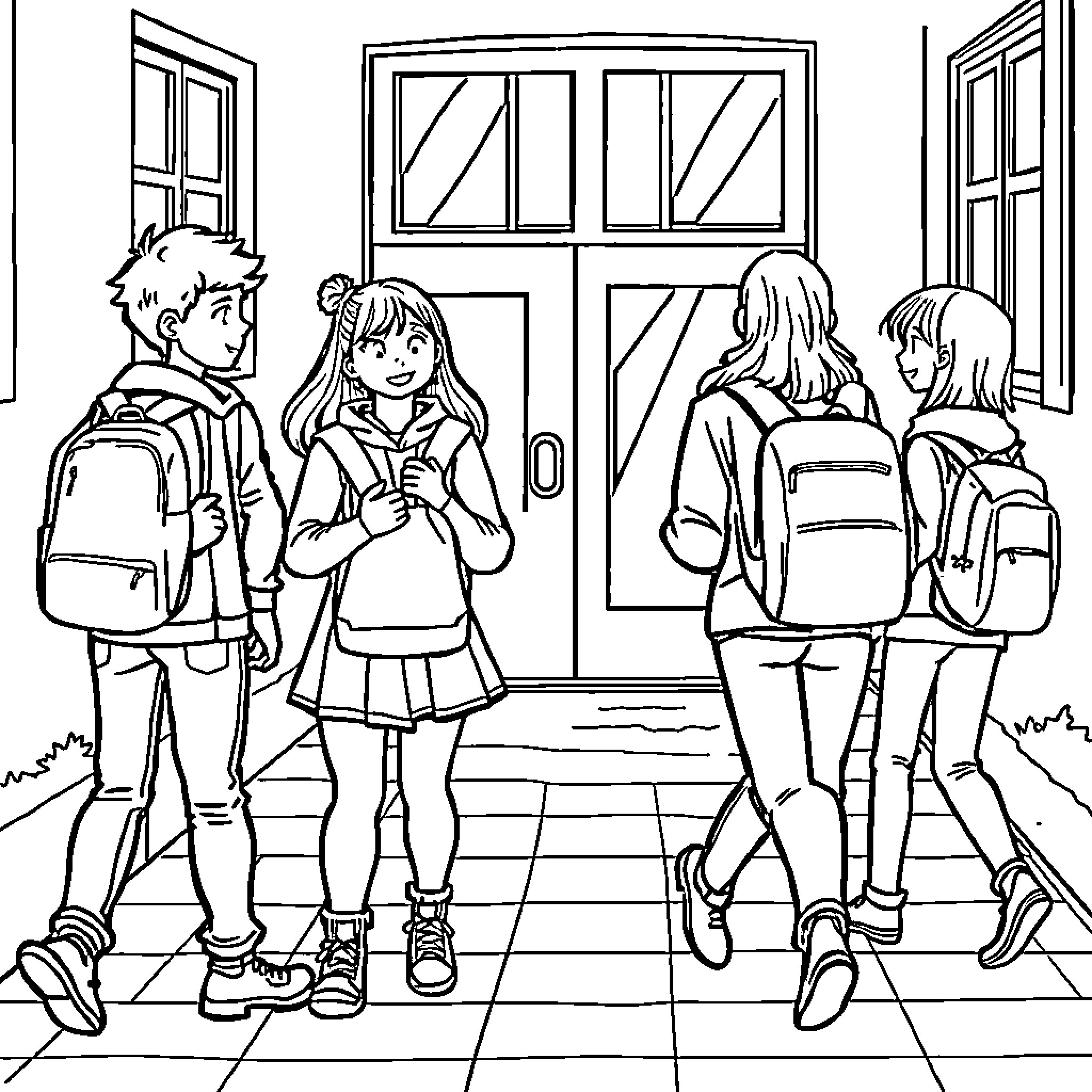 Back to School: Students Ready for the New Year Coloring Page (free black-and-white line drawing printable PDF for all, from beginners to advanced learners, including children, teens, adults, and seniors)