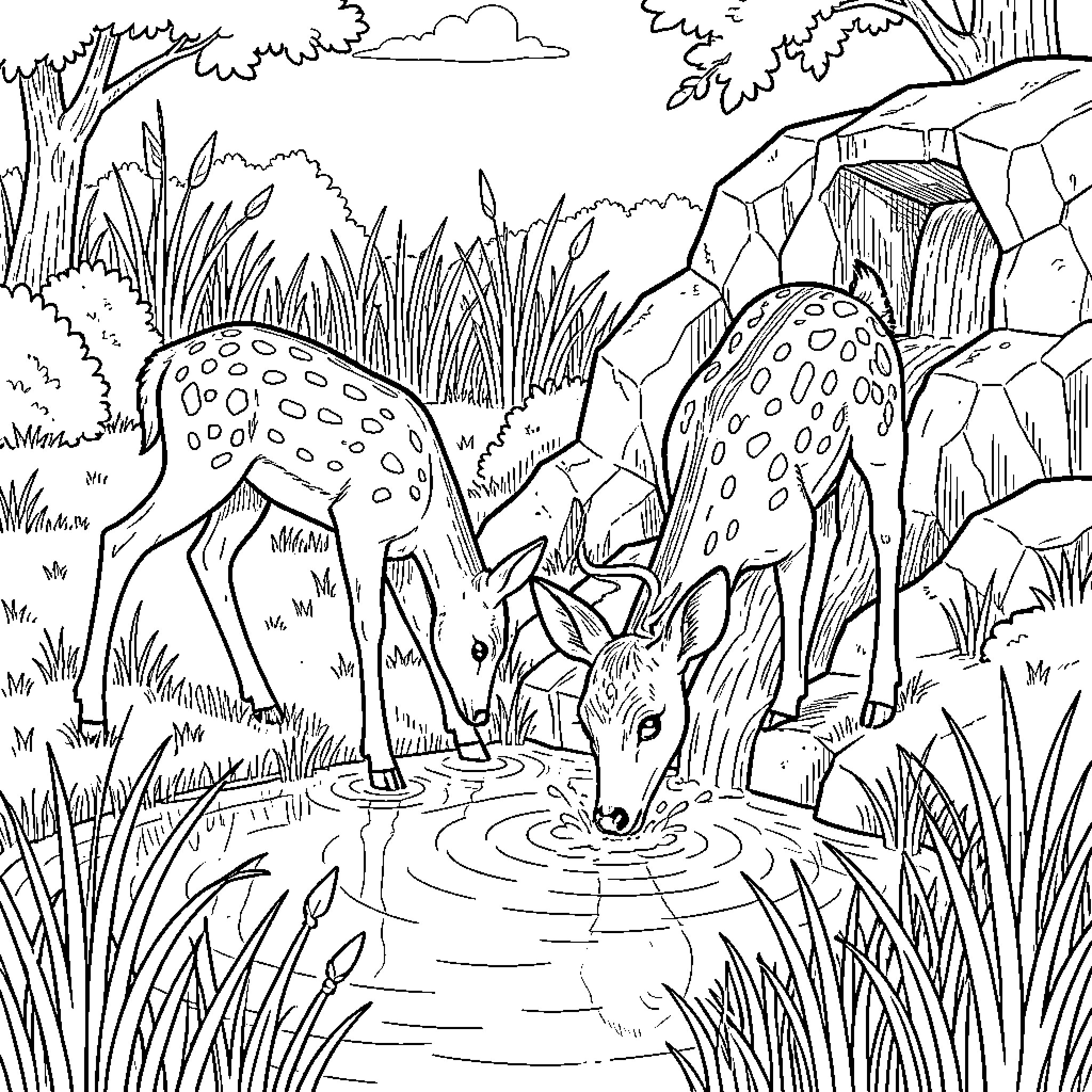 Fawn drinking from a peaceful woodland stream Coloring Page (free black-and-white line drawing printable PDF for all, from beginners to advanced learners, including children, teens, adults, and seniors)