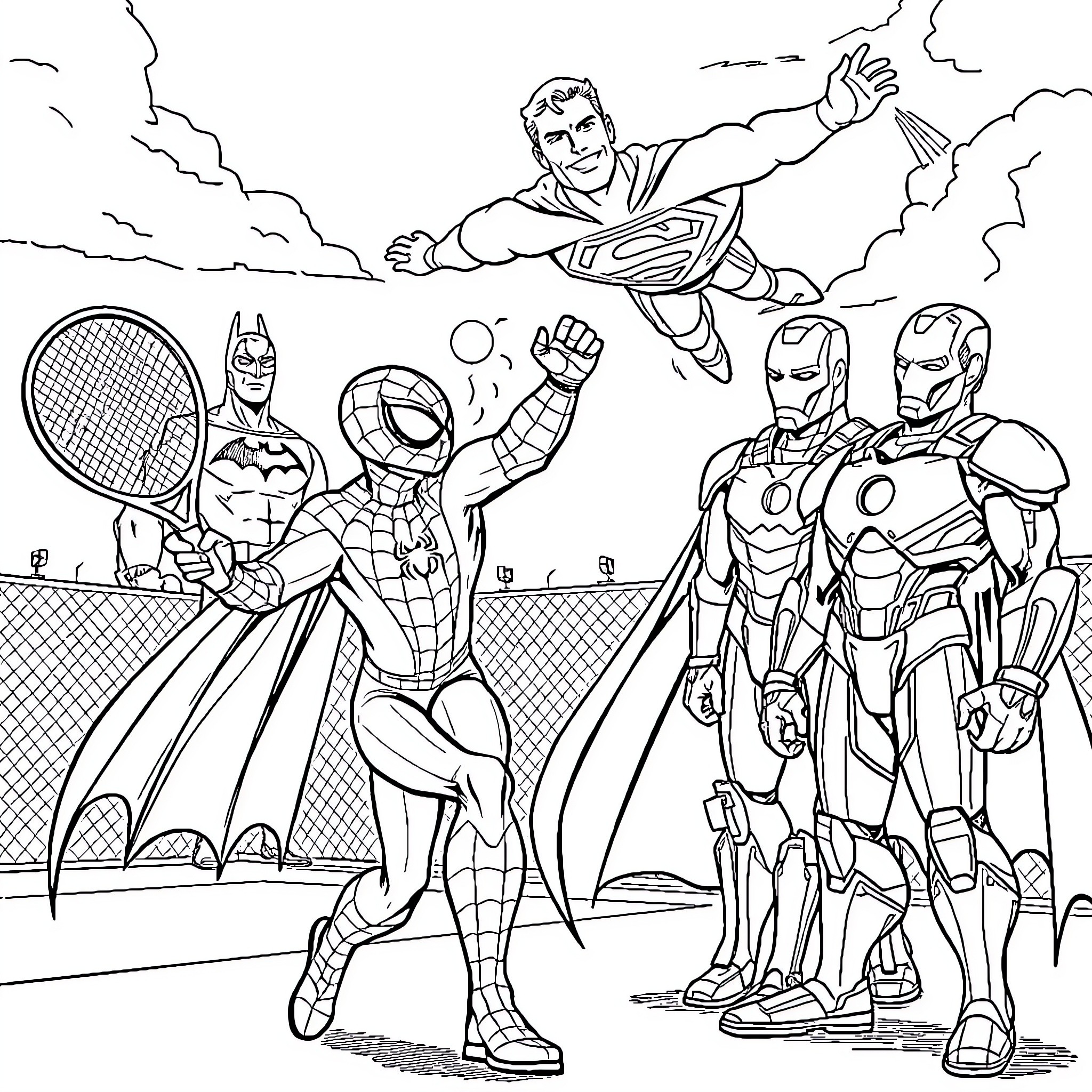 Superhero Gathering: Heroes in Action Coloring Page (free black-and-white line drawing printable PDF for all, from beginners to advanced learners, including children, teens, adults, and seniors)