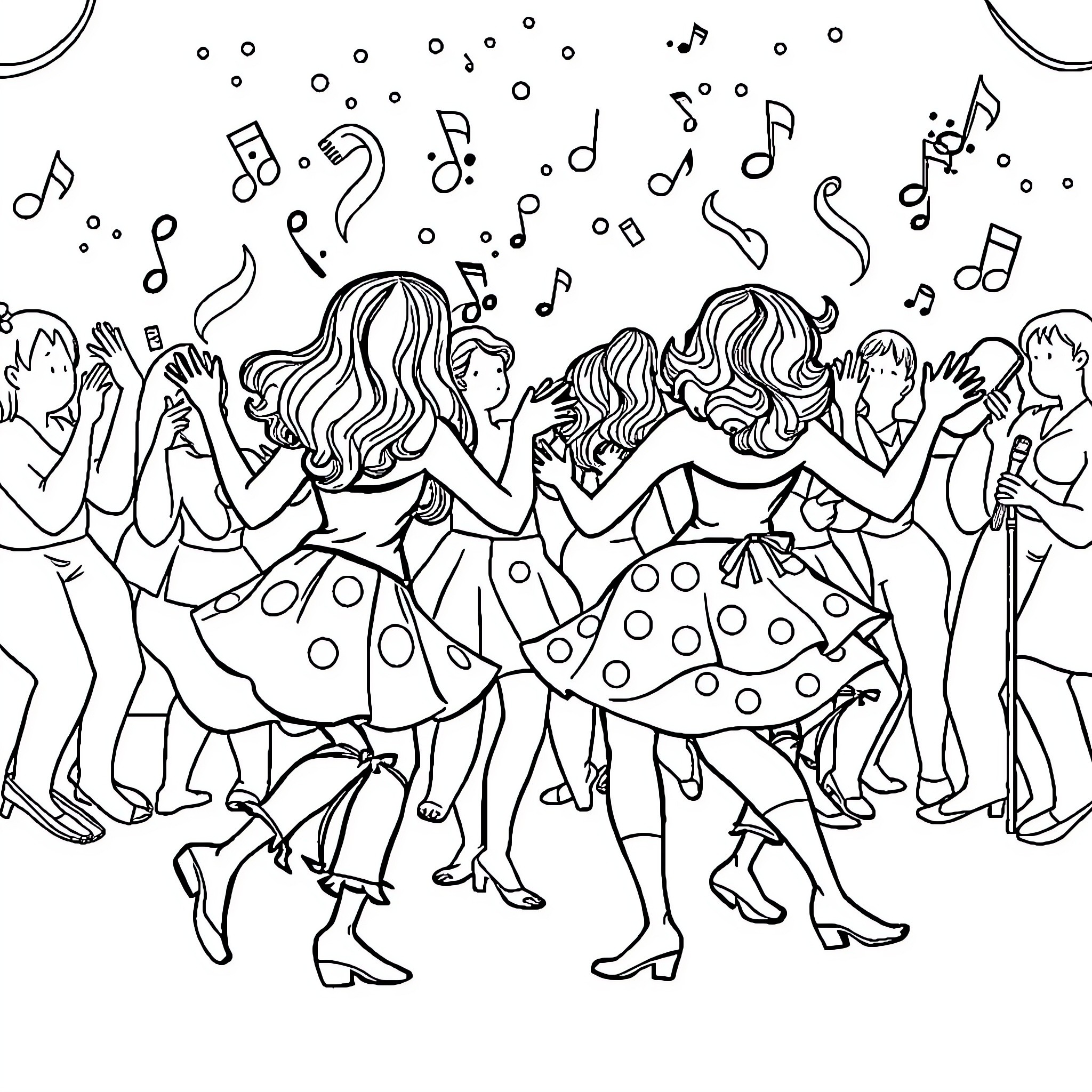 Butt-Shaking Party in Vibrant Dress Coloring Page (free black-and-white line drawing printable PDF for all, from beginners to advanced learners, including children, teens, adults, and seniors)