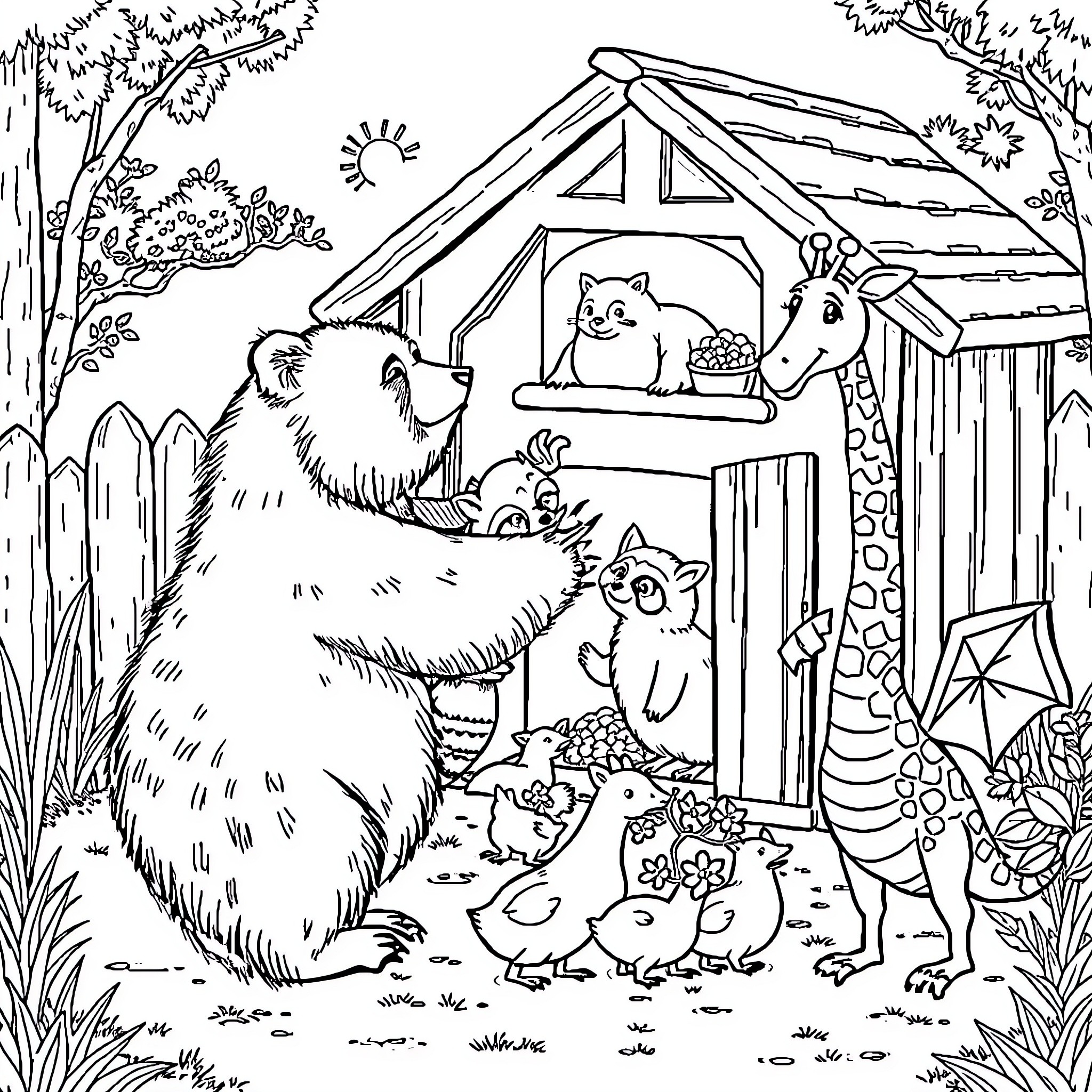 Bear in the forest with various animals Coloring Page (free black-and-white line drawing printable PDF for all, from beginners to advanced learners, including children, teens, adults, and seniors)
