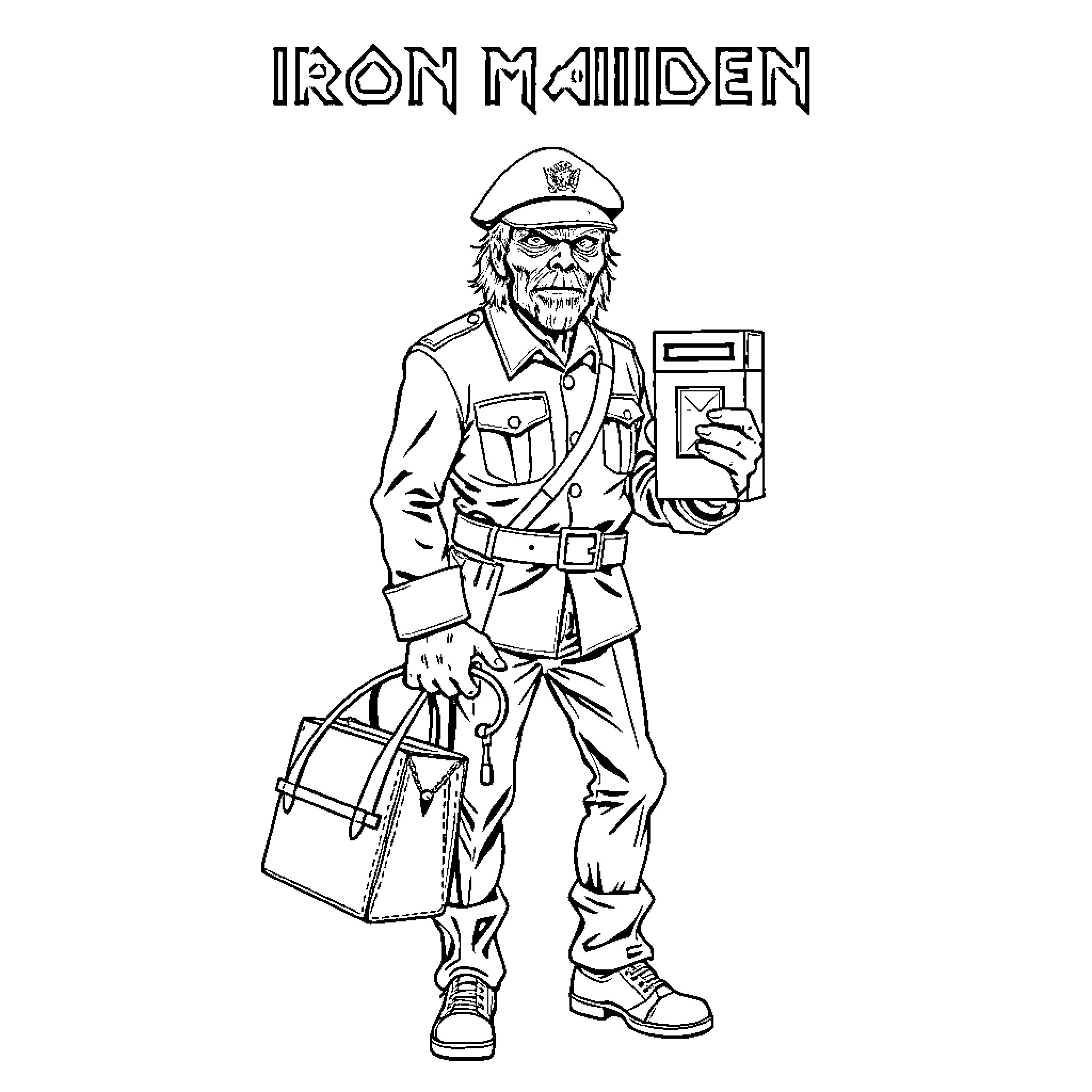 Eddie the Iron Maiden Mascot in Uniform Coloring Page (free black-and-white line drawing printable PDF for all, from beginners to advanced learners, including children, teens, adults, and seniors)