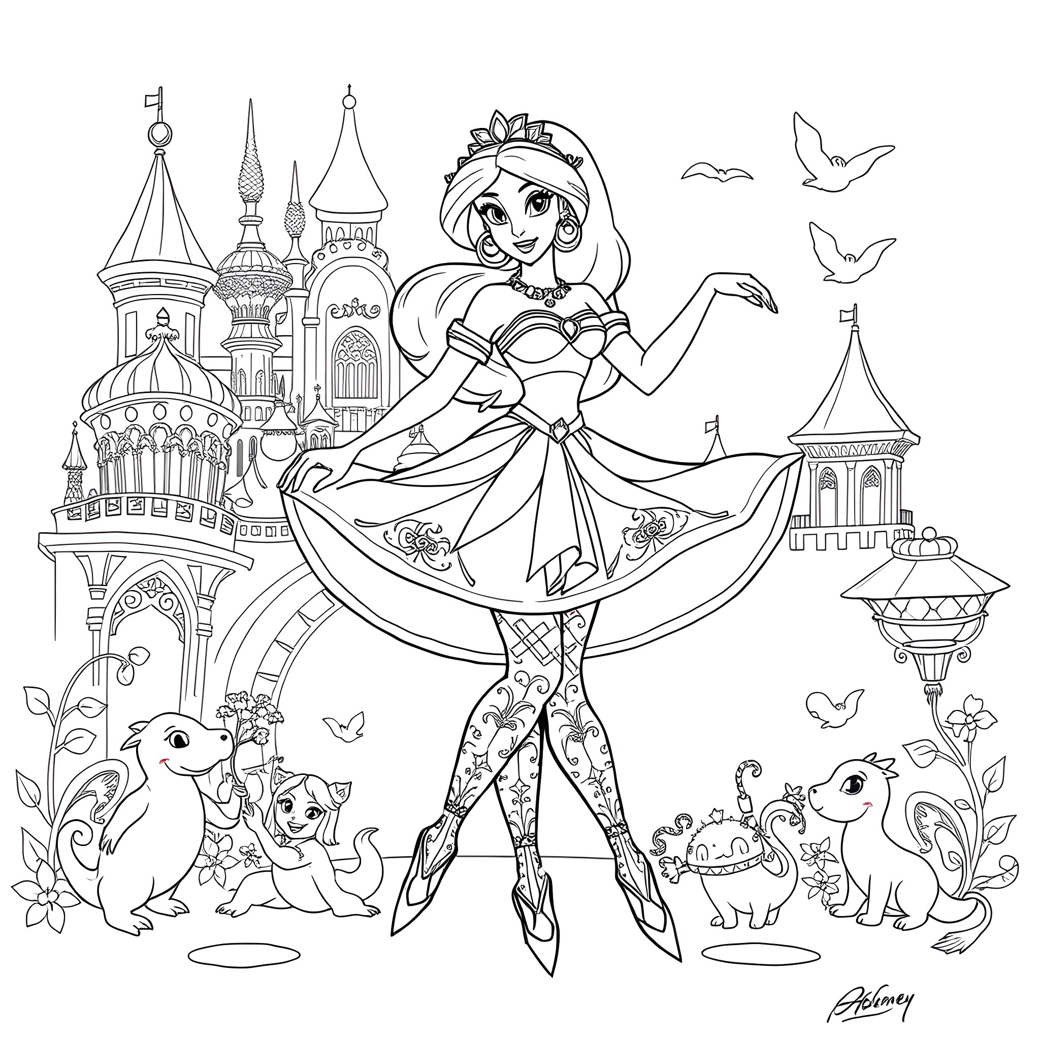 Princess Ballerina Dancing in Magical Palace Coloring Page (free black-and-white line drawing printable PDF for all, from beginners to advanced learners, including children, teens, adults, and seniors)