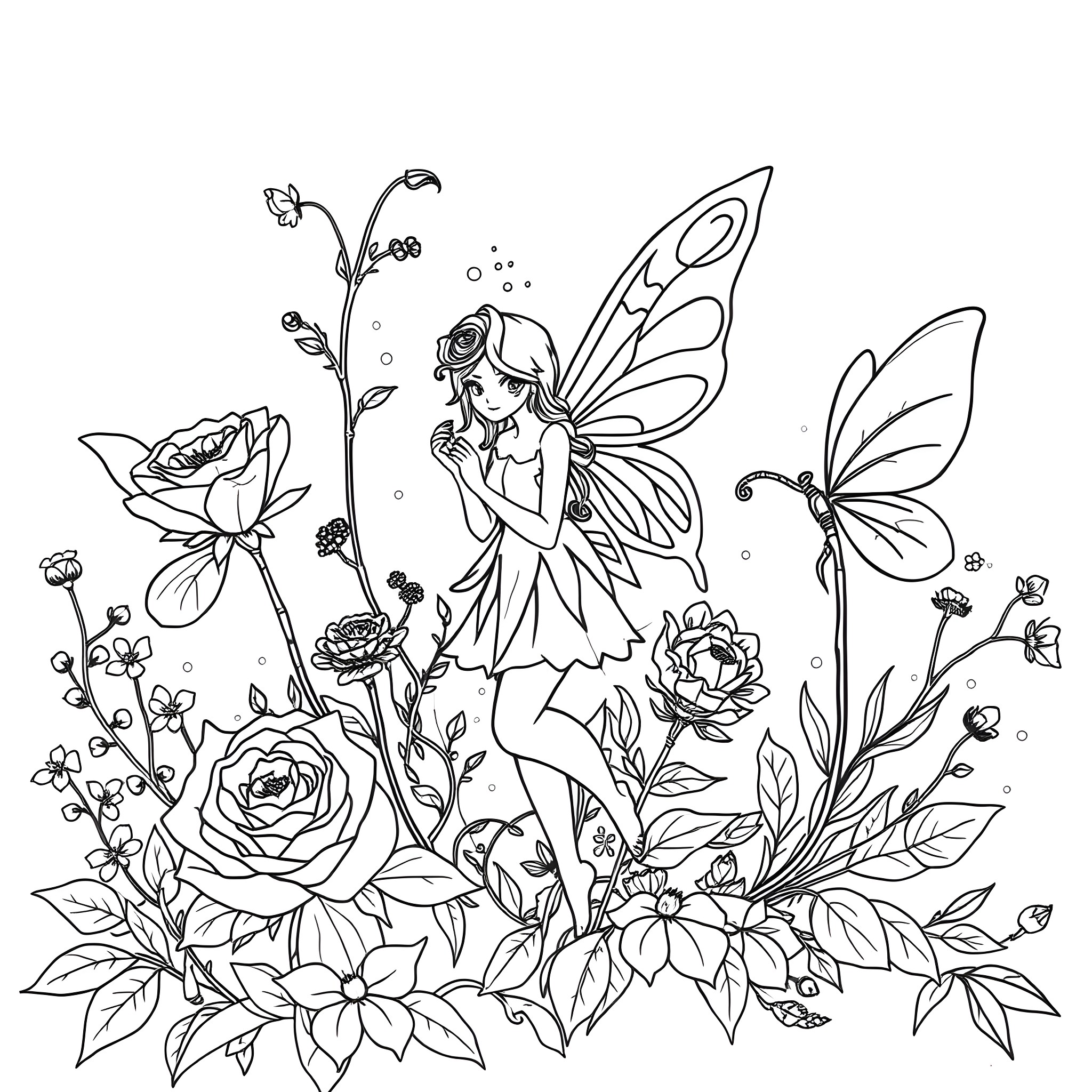 Fairy dancing among enchanted flowers and butterflies Coloring Page (free black-and-white line drawing printable PDF for all, from beginners to advanced learners, including children, teens, adults, and seniors)