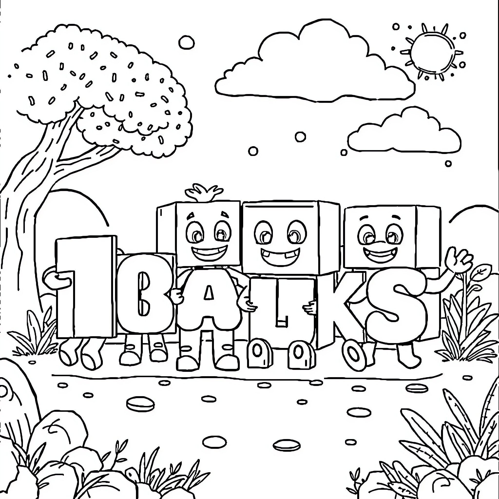 Numberblock characters enjoying a sunny day outdoors Coloring Page (free black-and-white line drawing printable PDF for all, from beginners to advanced learners, including children, teens, adults, and seniors)