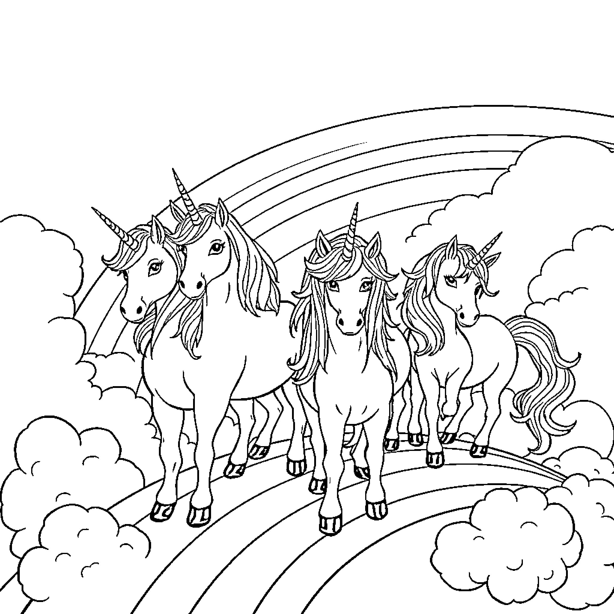 Unicorn herd prancing amid rainbow and clouds Coloring Page (free black-and-white line drawing printable PDF for all, from beginners to advanced learners, including children, teens, adults, and seniors)