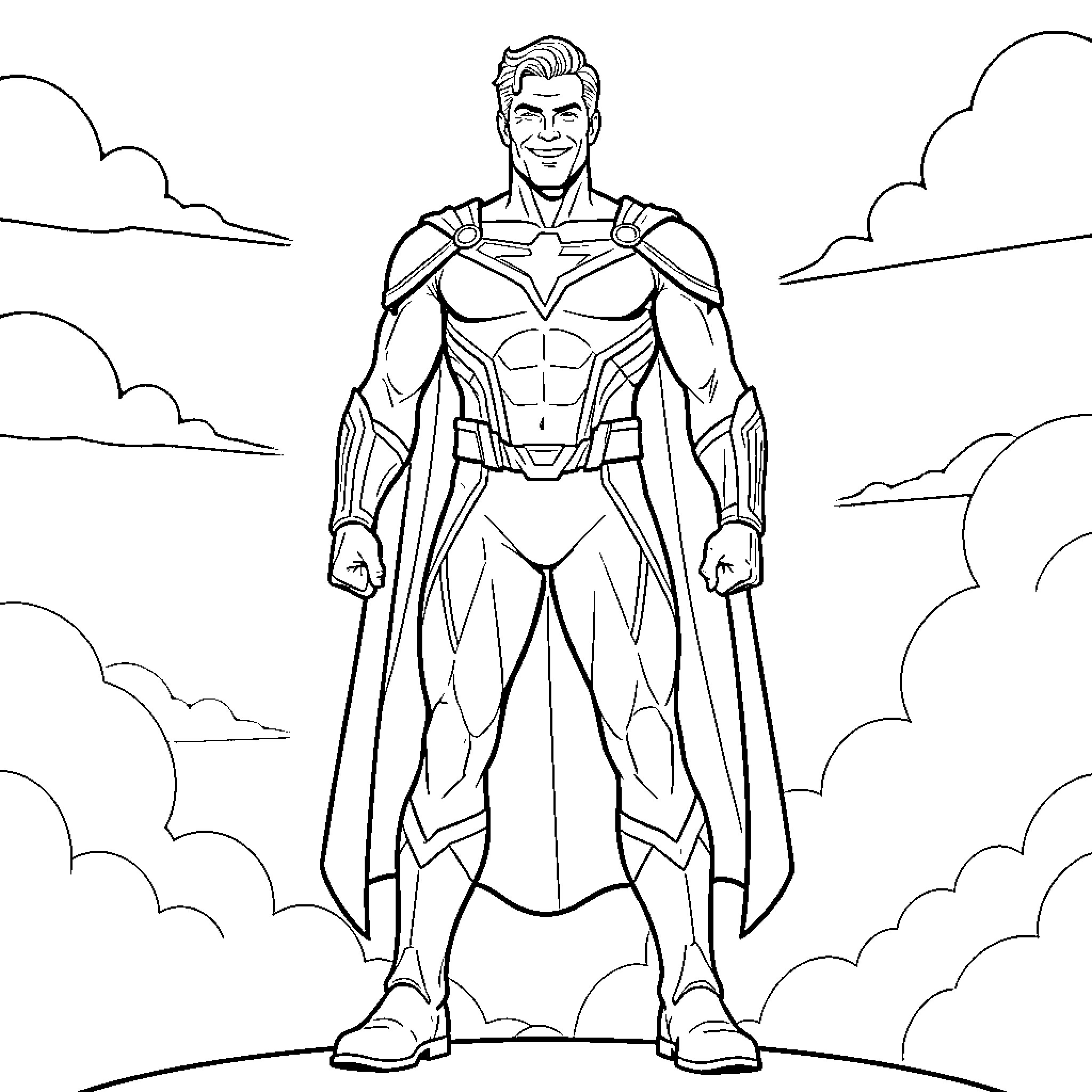 Homelander in heroic pose against cloudy sky Coloring Page (free black-and-white line drawing printable PDF for all, from beginners to advanced learners, including children, teens, adults, and seniors)