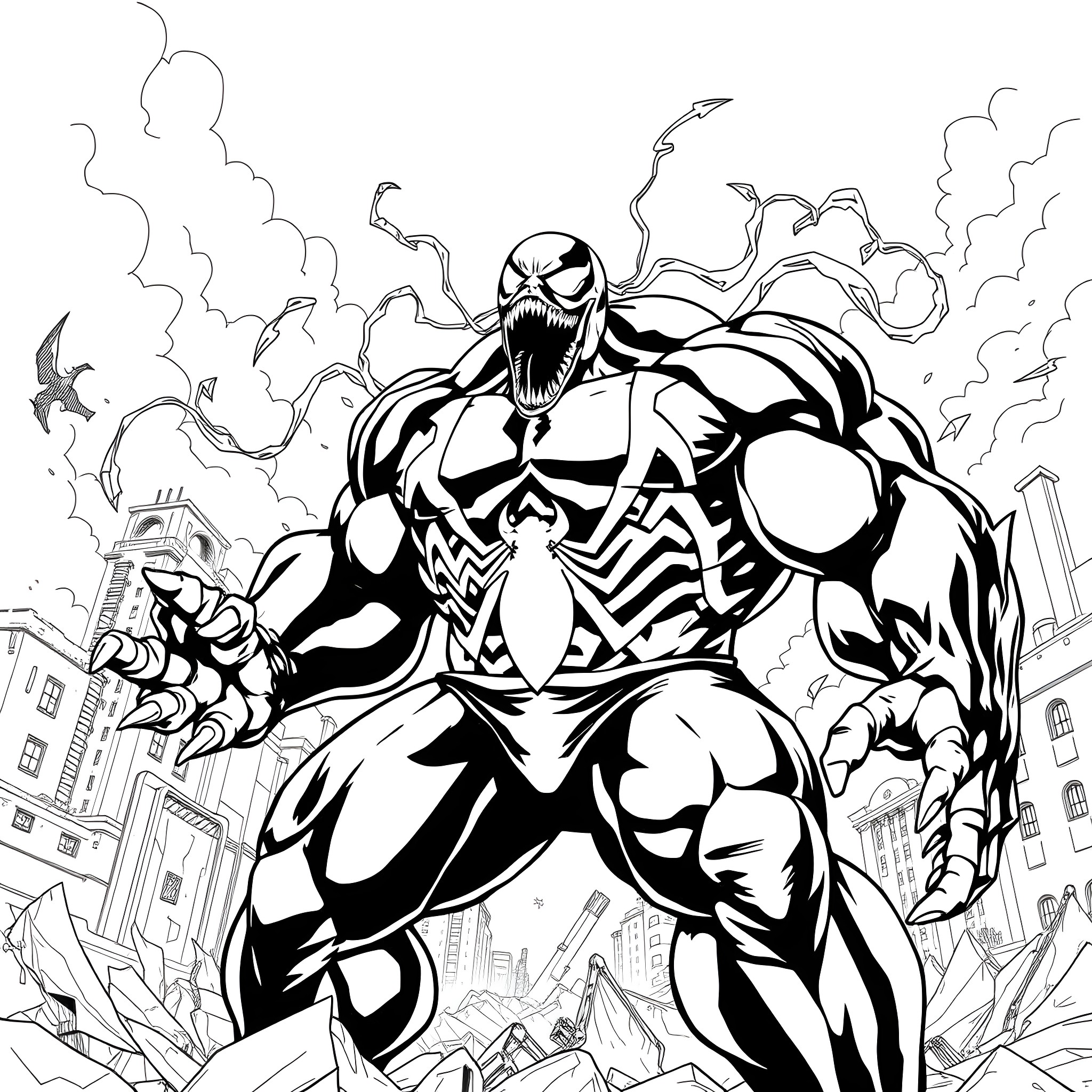 Venom Hulk Unleashes Destruction in the City Coloring Page (free black-and-white line drawing printable PDF for all, from beginners to advanced learners, including children, teens, adults, and seniors)