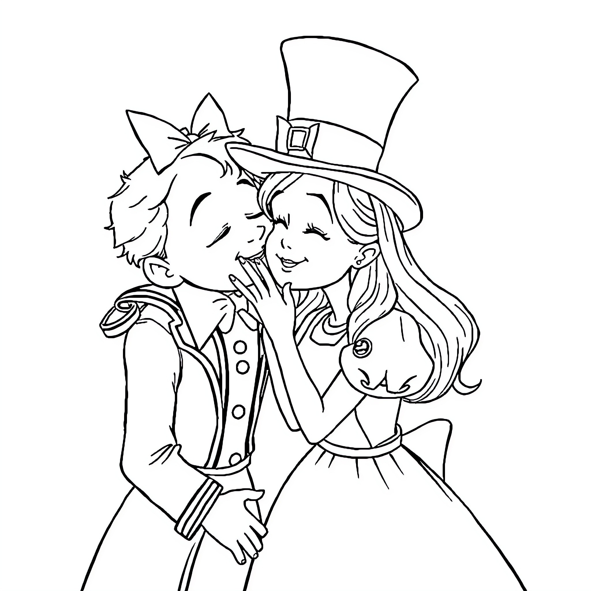 Alice and the Leprechaun's Embrace Coloring Page (free black-and-white line drawing printable PDF for all, from beginners to advanced learners, including children, teens, adults, and seniors)