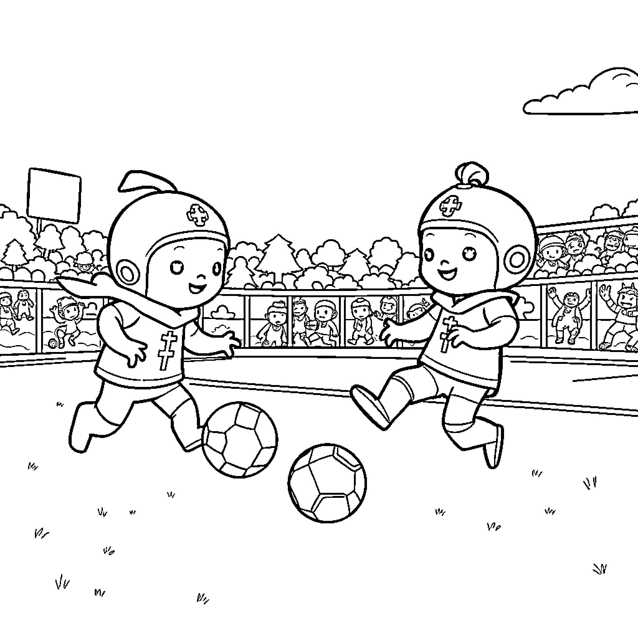 Octonauts characters playing soccer in a stadium Coloring Page (free black-and-white line drawing printable PDF for all, from beginners to advanced learners, including children, teens, adults, and seniors)