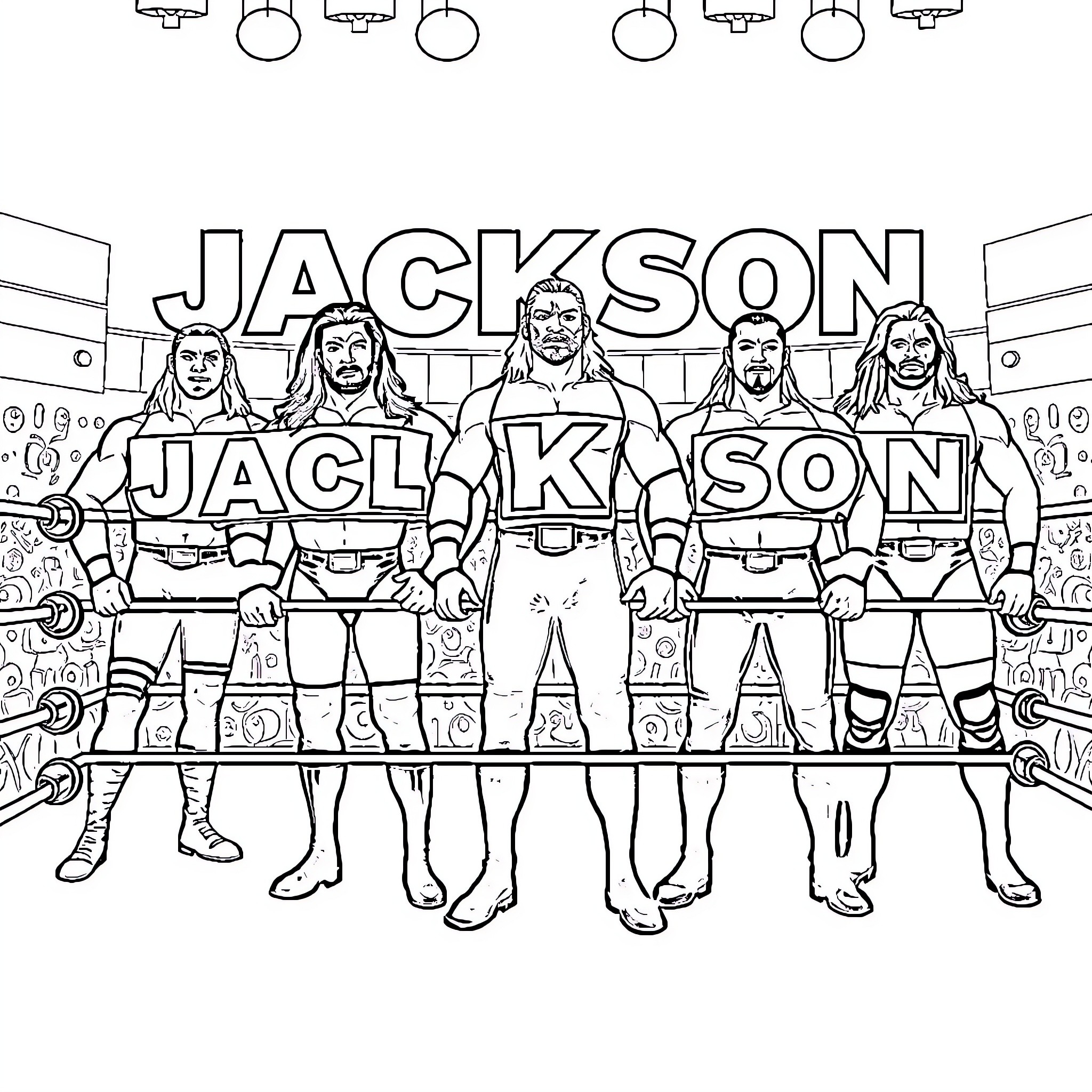 Wrestlers in a wrestling ring with team name Coloring Page (free black-and-white line drawing printable PDF for all, from beginners to advanced learners, including children, teens, adults, and seniors)