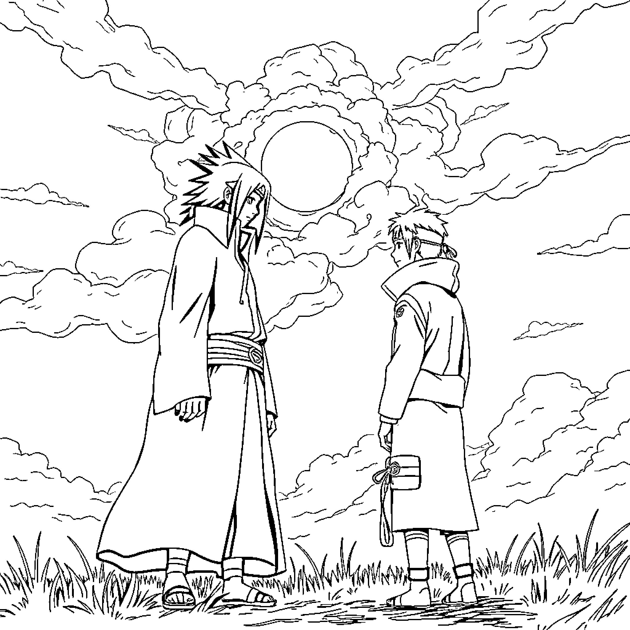 Uchiha Brothers Facing the Rising Sun Coloring Page (free black-and-white line drawing printable PDF for all, from beginners to advanced learners, including children, teens, adults, and seniors)