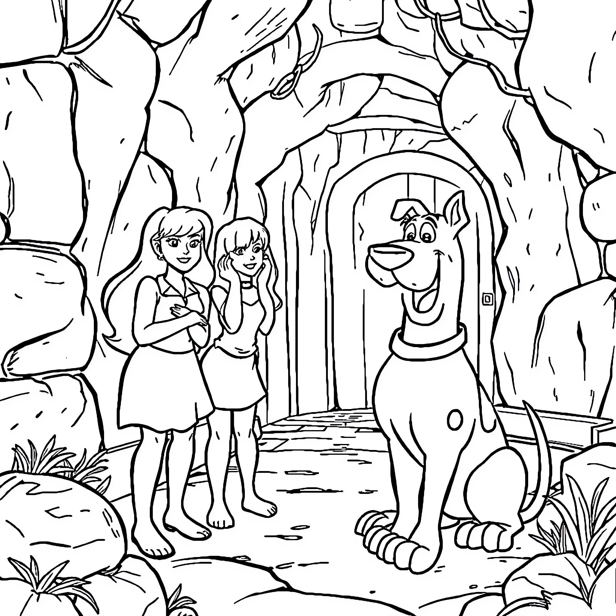 Scooby Doo and the Mystery Duo in the Forest Coloring Page (free black-and-white line drawing printable PDF for all, from beginners to advanced learners, including children, teens, adults, and seniors)