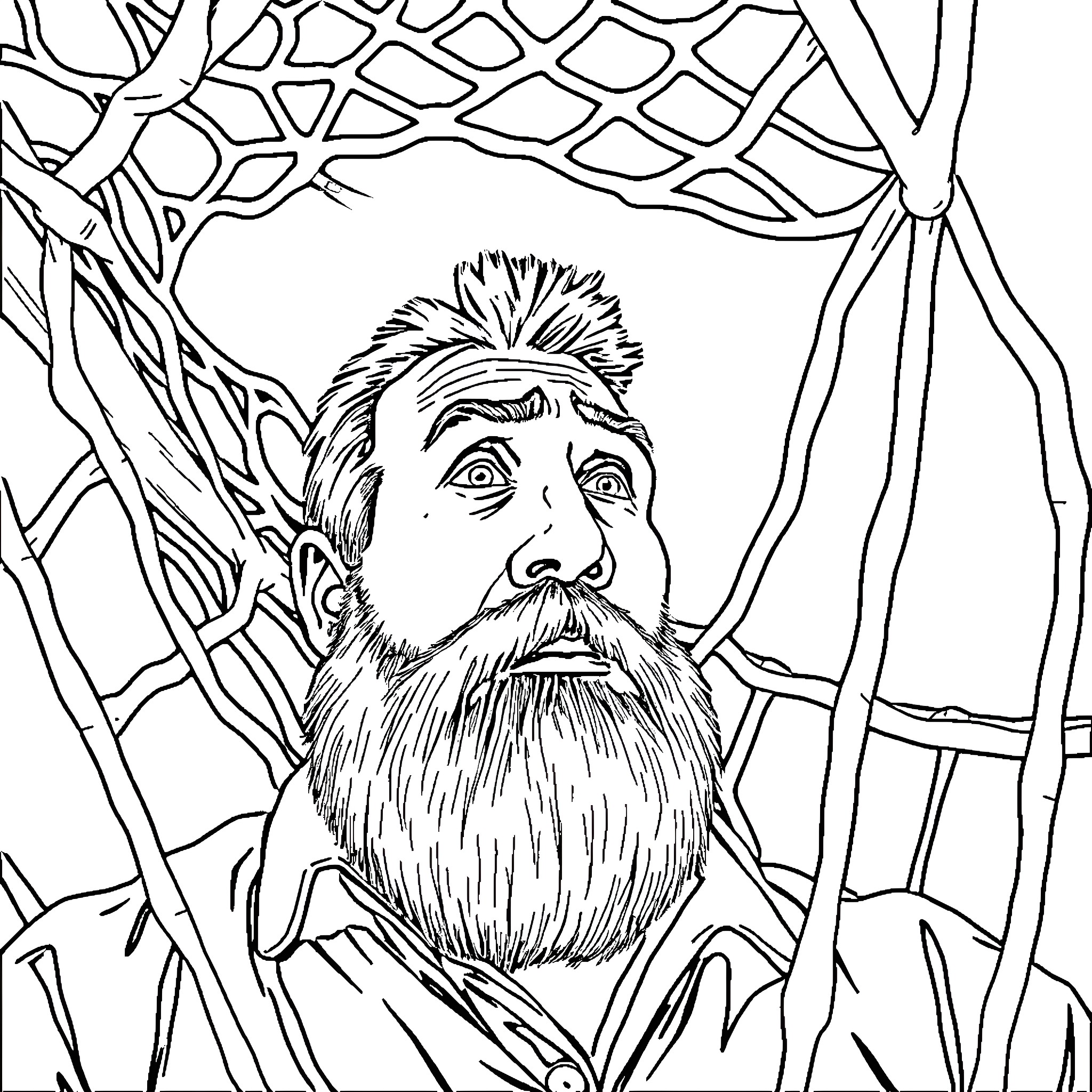 Dude with a beard trapped in a tangled web Coloring Page (free black-and-white line drawing printable PDF for all, from beginners to advanced learners, including children, teens, adults, and seniors)
