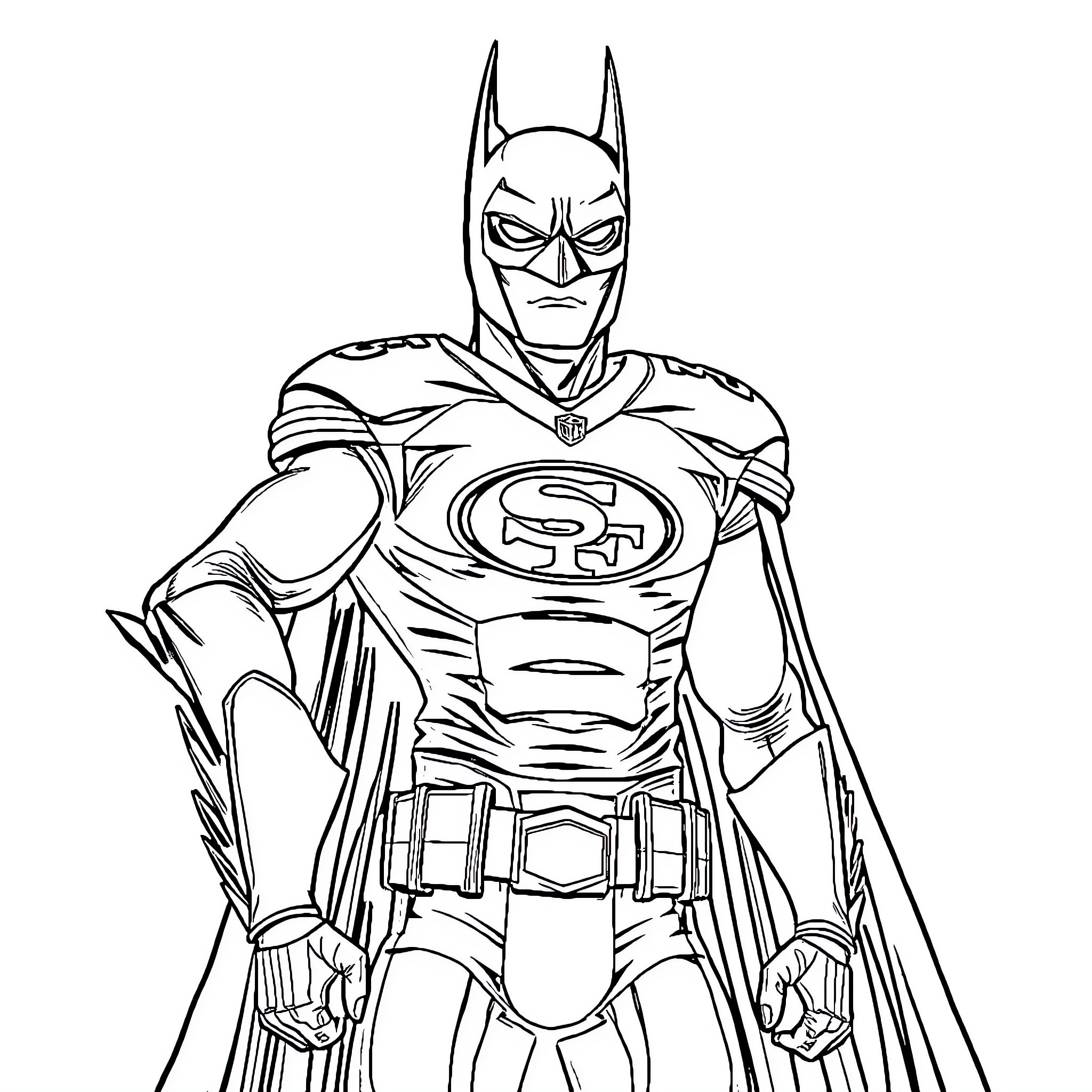 Batman in Superhero Costume with Heroic Stance Coloring Page (free black-and-white line drawing printable PDF for all, from beginners to advanced learners, including children, teens, adults, and seniors)
