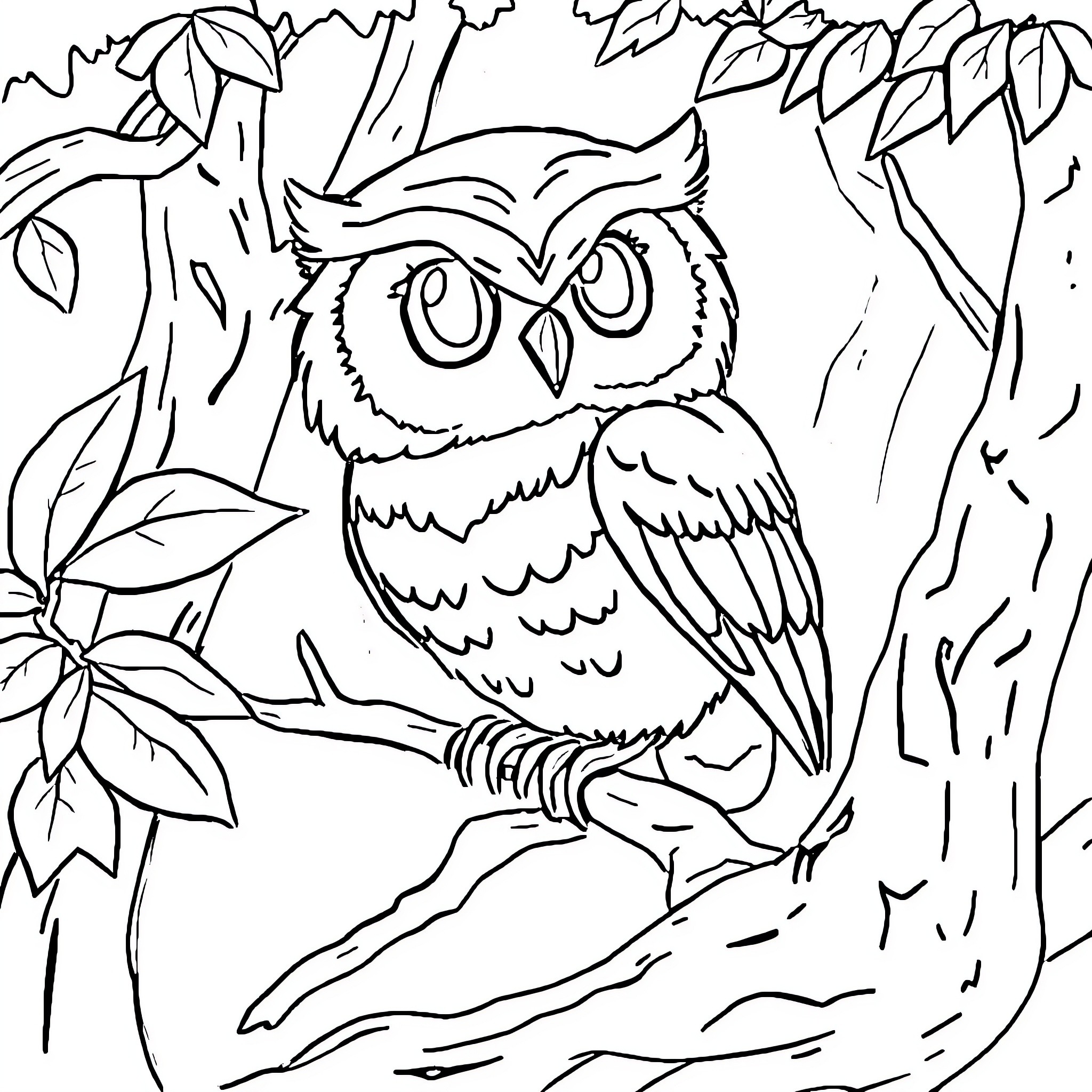 Rowlet perched in a wooded scene Coloring Page (free black-and-white line drawing printable PDF for all, from beginners to advanced learners, including children, teens, adults, and seniors)
