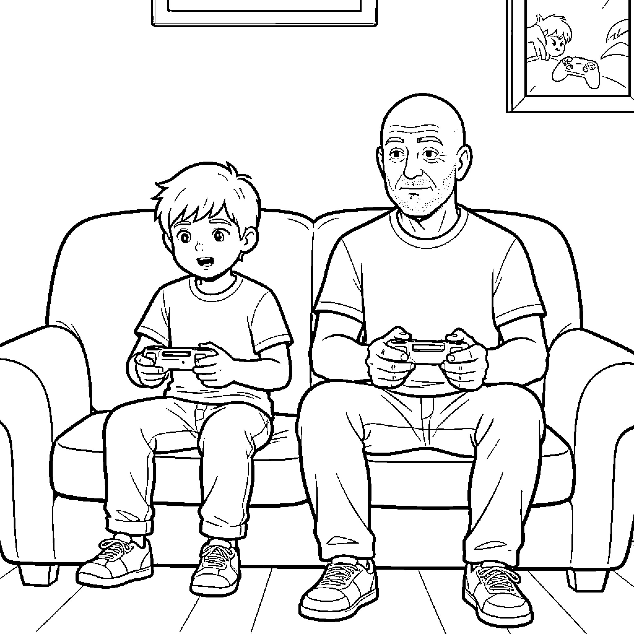 Boy playing video games with his father on a sofa Coloring Page (free black-and-white line drawing printable PDF for all, from beginners to advanced learners, including children, teens, adults, and seniors)