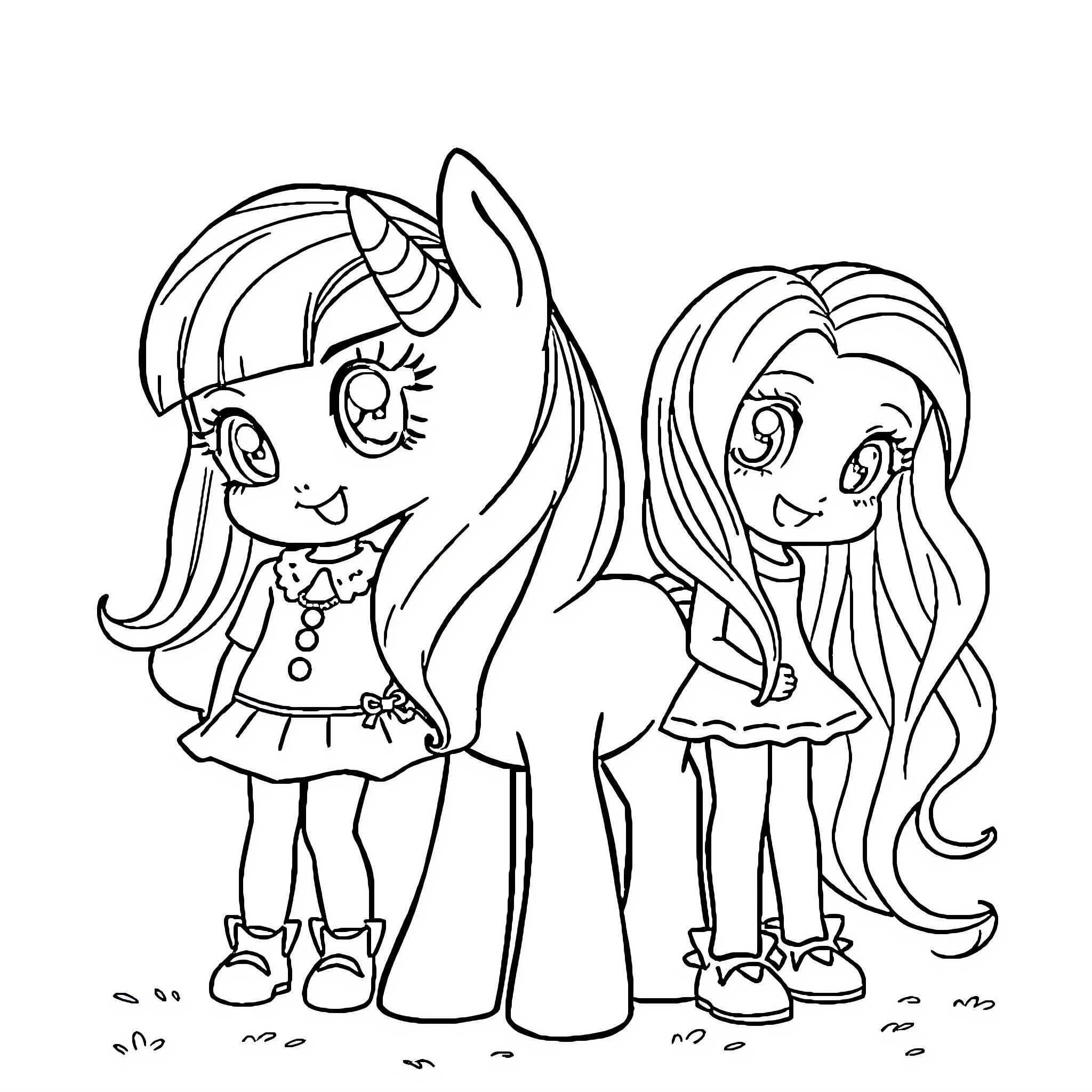 Pony friends in cheerful outfits Coloring Page (free black-and-white line drawing printable PDF for all, from beginners to advanced learners, including children, teens, adults, and seniors)
