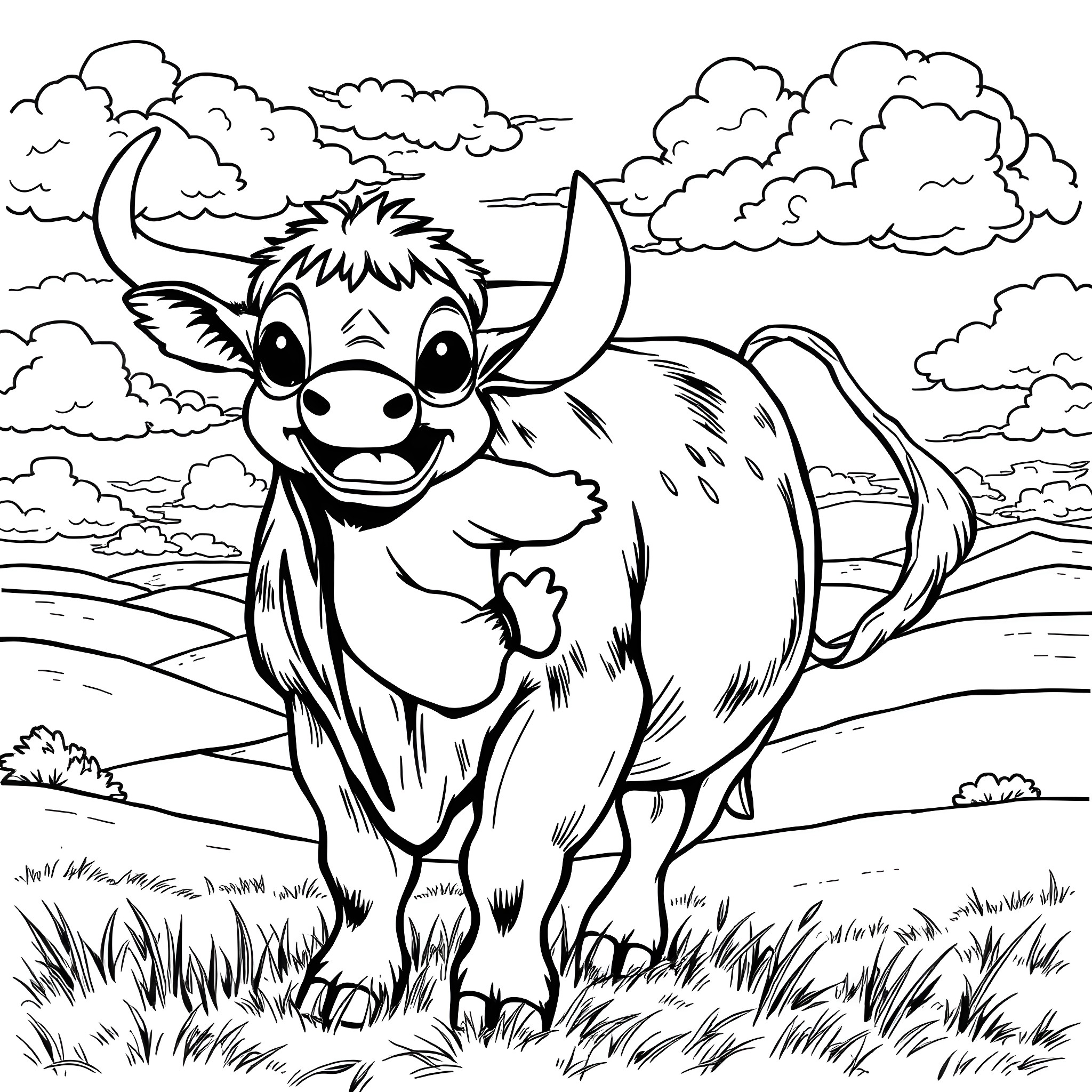 Stitch the cheerful yak in the countryside Coloring Page (free black-and-white line drawing printable PDF for all, from beginners to advanced learners, including children, teens, adults, and seniors)