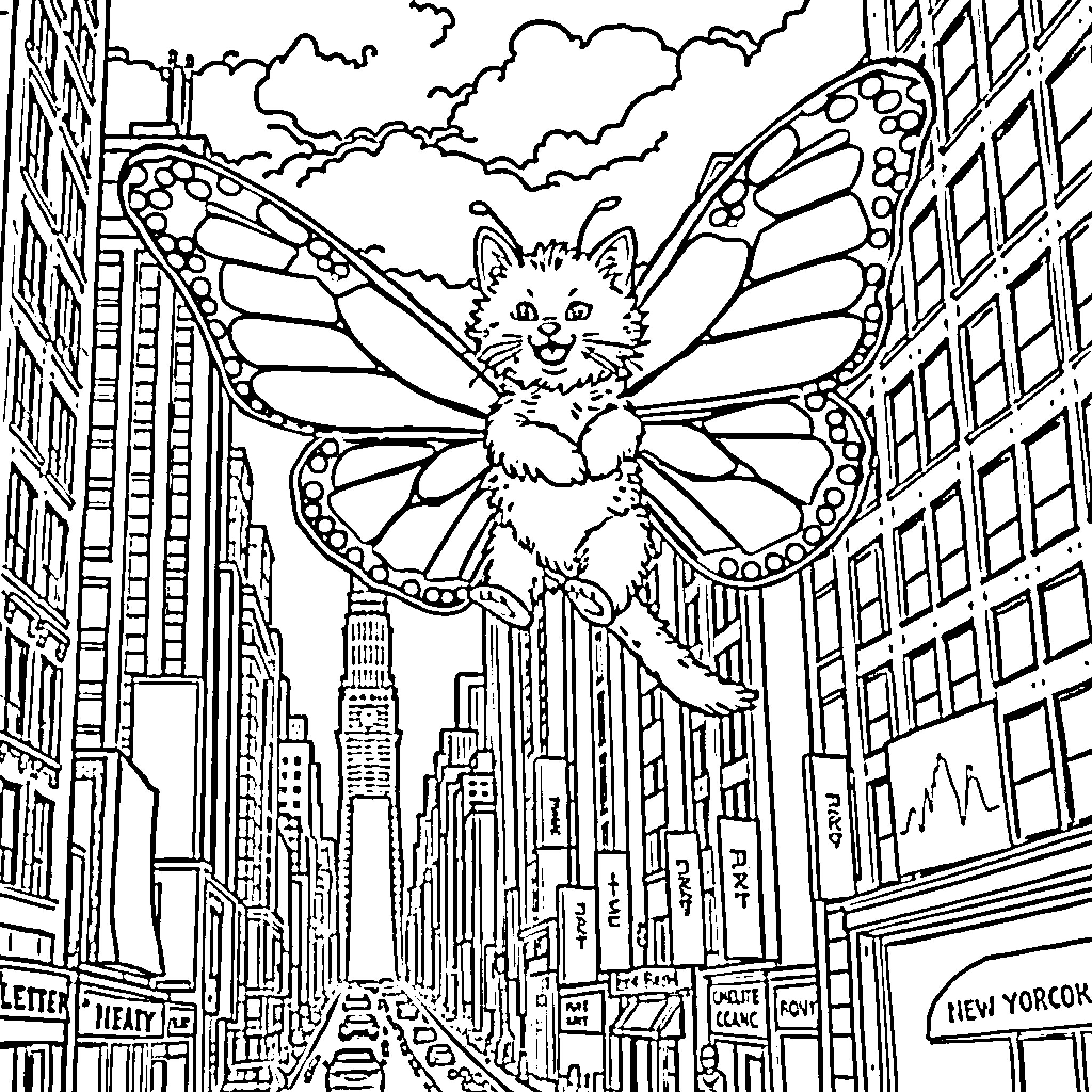 Cat with butterfly wings soaring over city Coloring Page (free black-and-white line drawing printable PDF for all, from beginners to advanced learners, including children, teens, adults, and seniors)