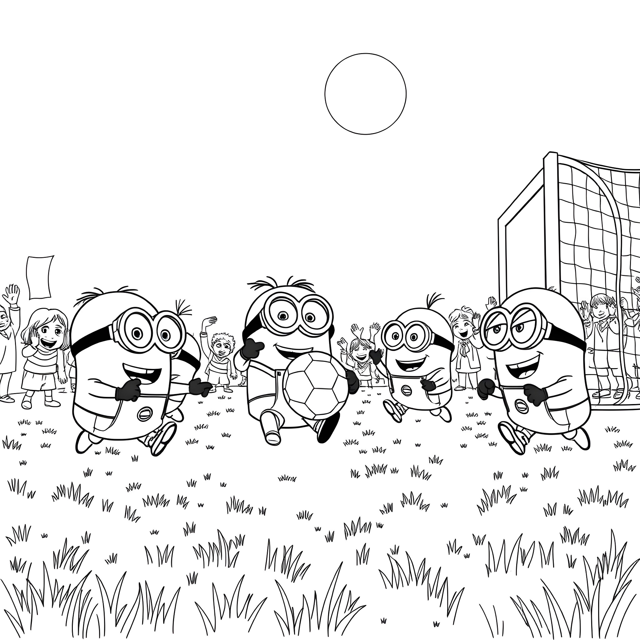 Minions playing with a soccer ball on the field Coloring Page (free black-and-white line drawing printable PDF for all, from beginners to advanced learners, including children, teens, adults, and seniors)