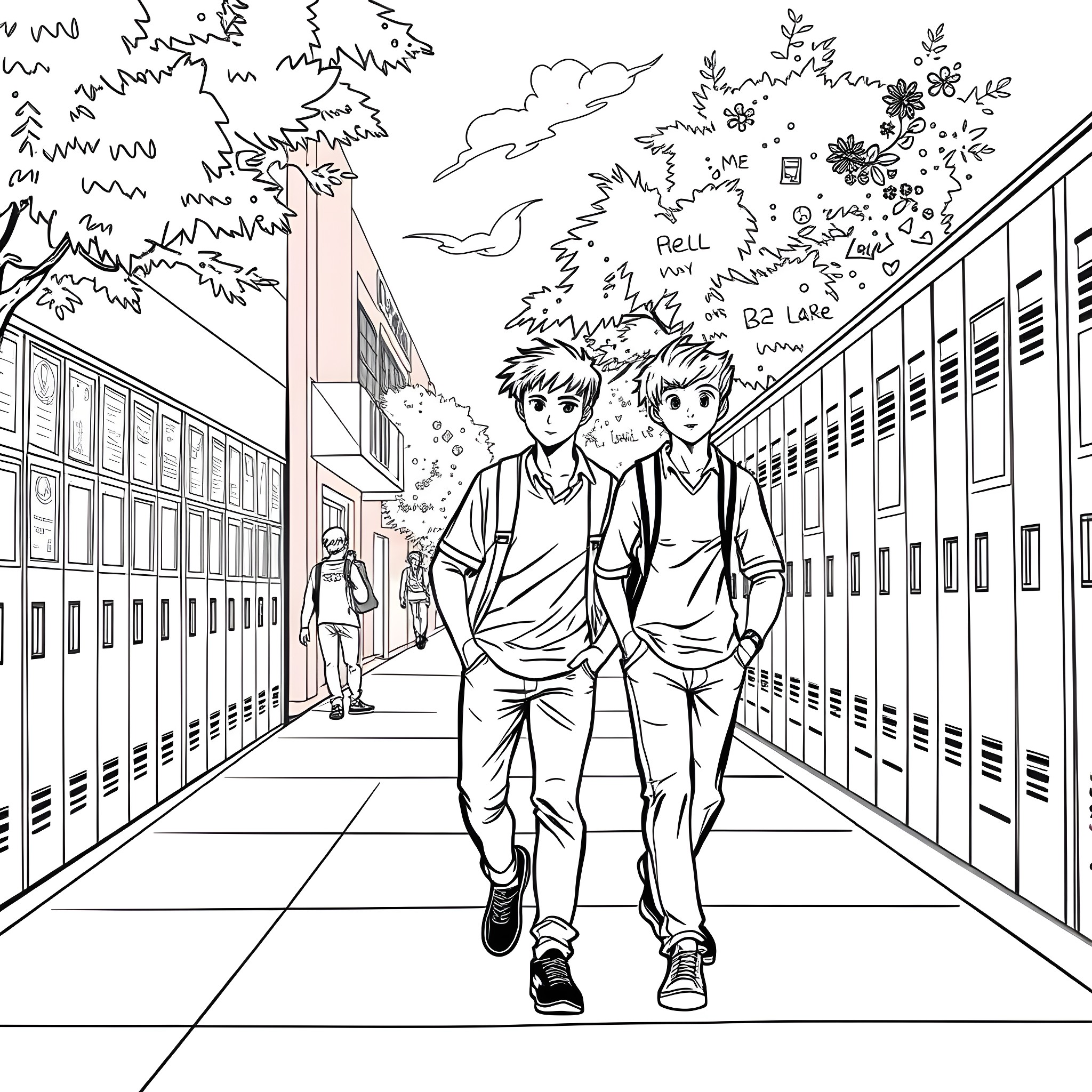Teen Guys Walking Casually Through School Hallway Coloring Page (free black-and-white line drawing printable PDF for all, from beginners to advanced learners, including children, teens, adults, and seniors)