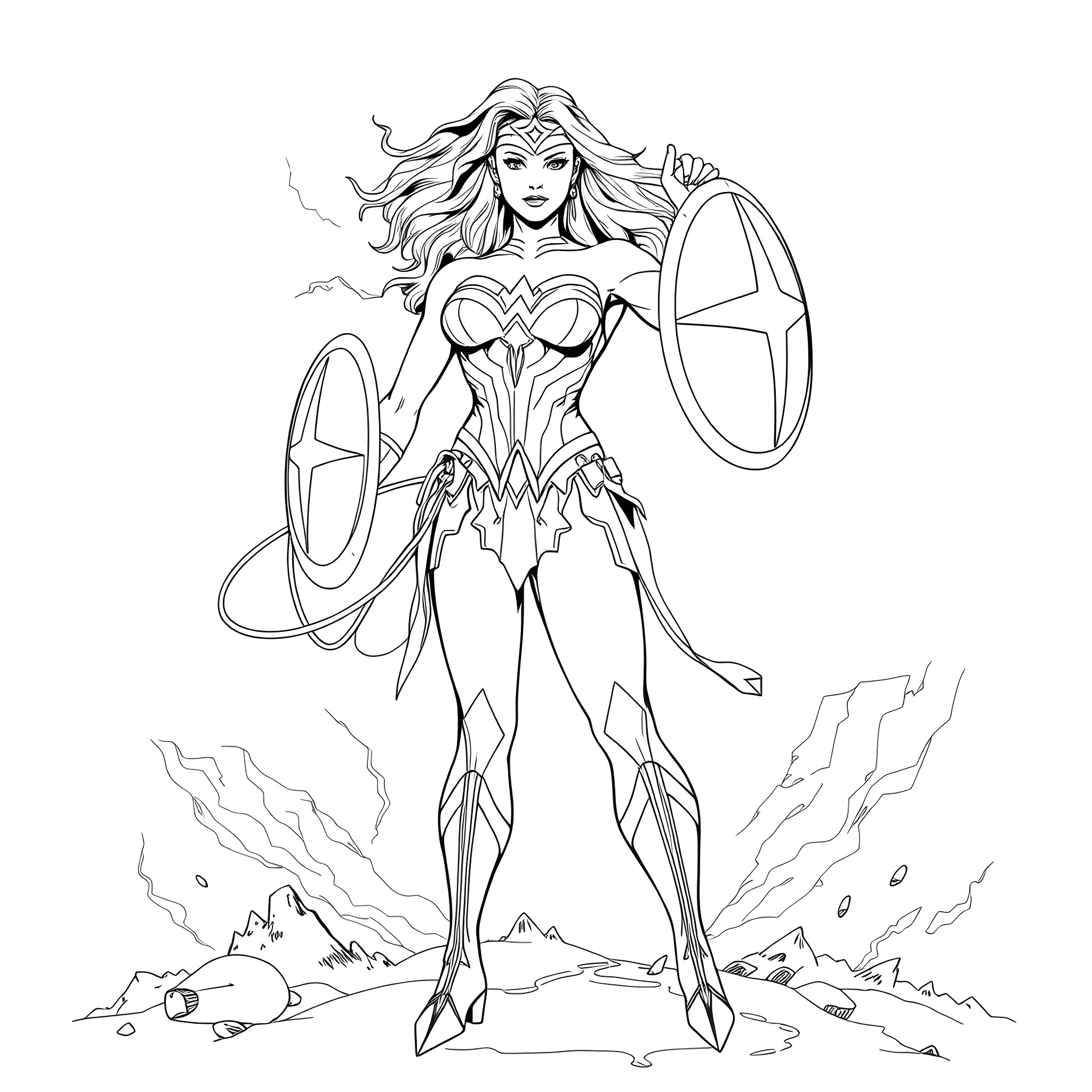 Wonder Woman in Epic Battle Stance Coloring Page (free black-and-white line drawing printable PDF for all, from beginners to advanced learners, including children, teens, adults, and seniors)