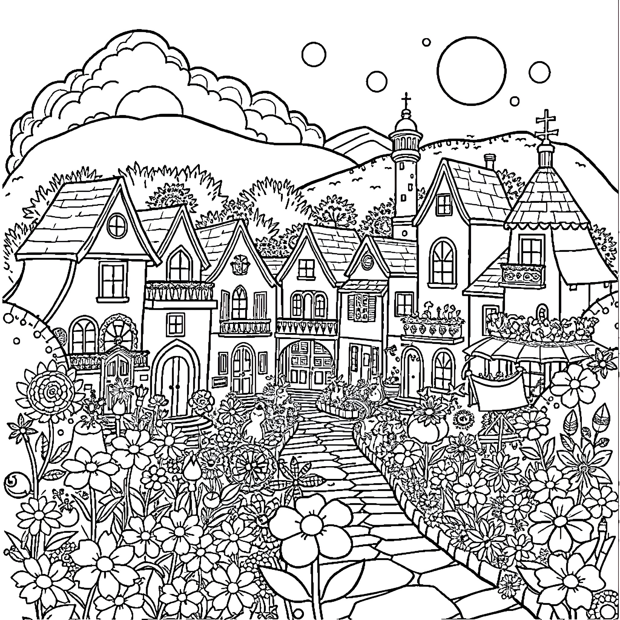 Encanto - Whimsical Village in a Floral Landscape Coloring Page (free black-and-white line drawing printable PDF for all, from beginners to advanced learners, including children, teens, adults, and seniors)
