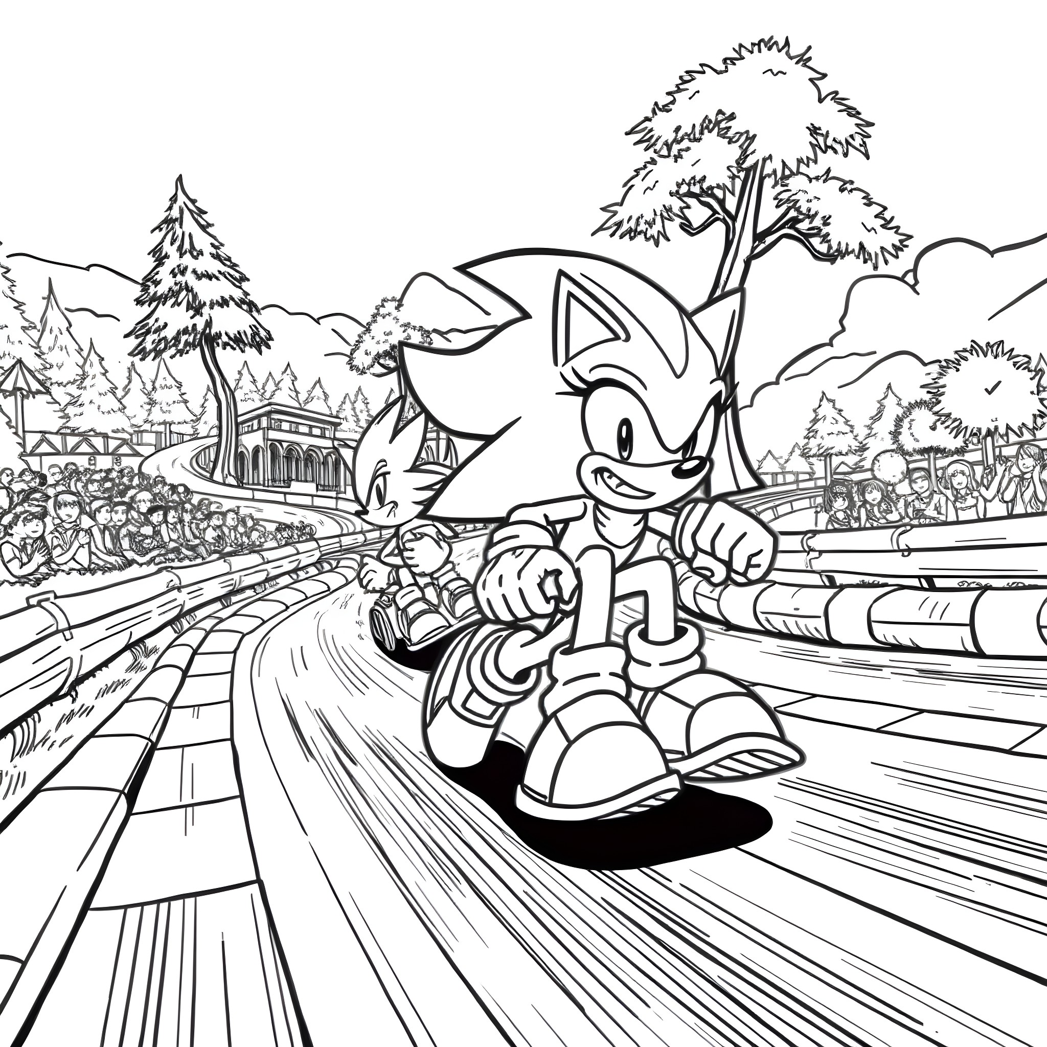 Sonic racing on the track through scenic landscape Coloring Page (free black-and-white line drawing printable PDF for all, from beginners to advanced learners, including children, teens, adults, and seniors)