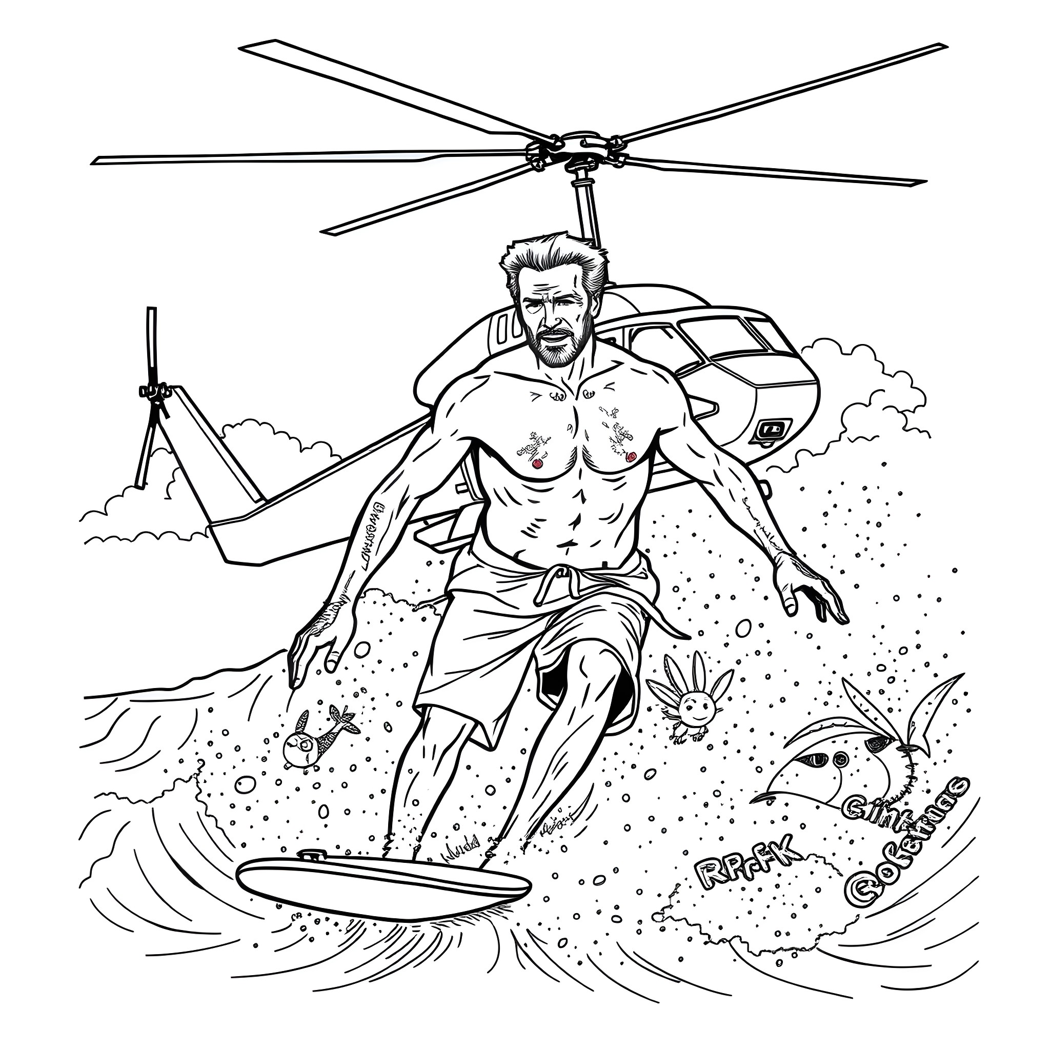 Clint Eastwood surfing on a helicopter in the ocean Coloring Page (free black-and-white line drawing printable PDF for all, from beginners to advanced learners, including children, teens, adults, and seniors)