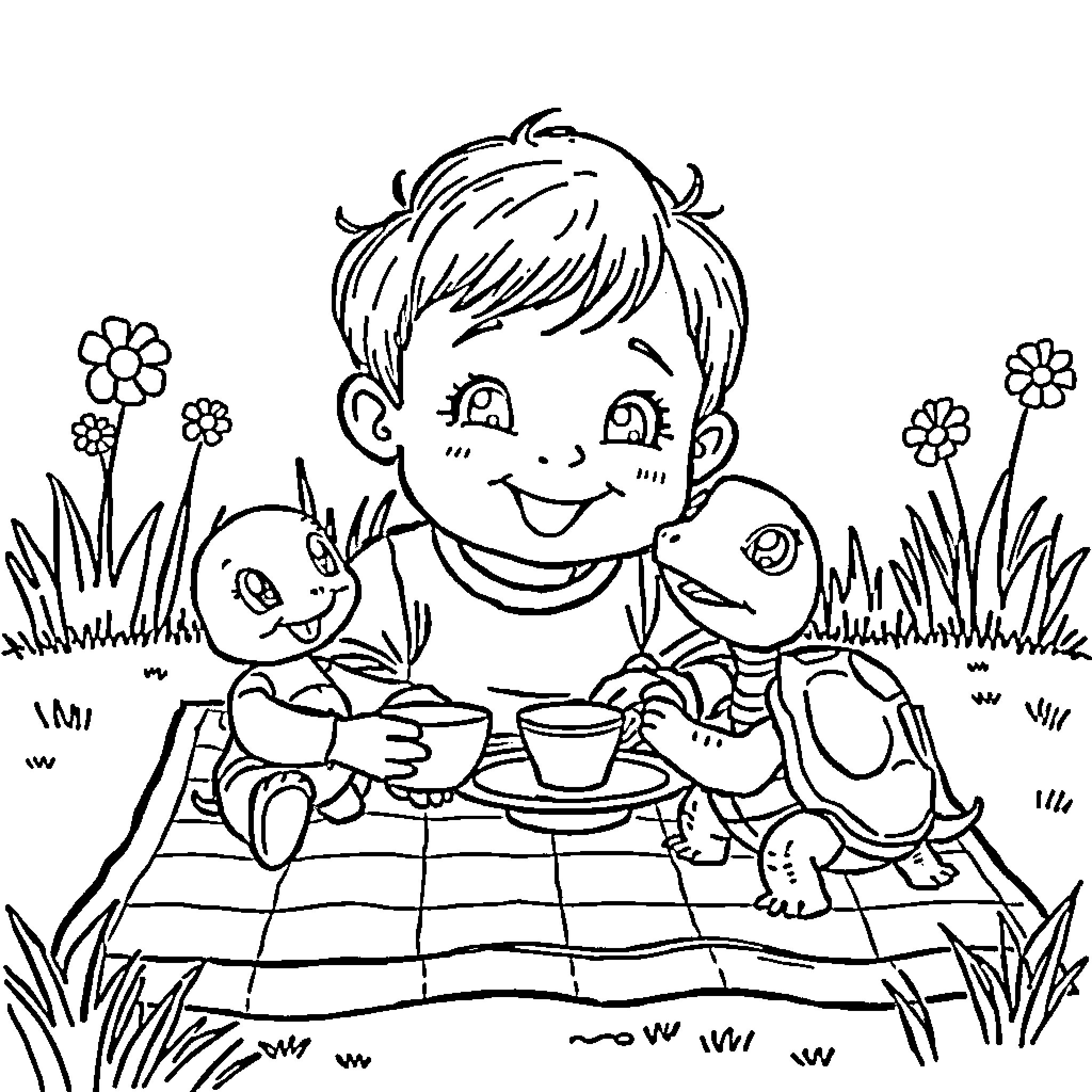 Turtle Enjoying Picnic with Friends in Nature Coloring Page (free black-and-white line drawing printable PDF for all, from beginners to advanced learners, including children, teens, adults, and seniors)