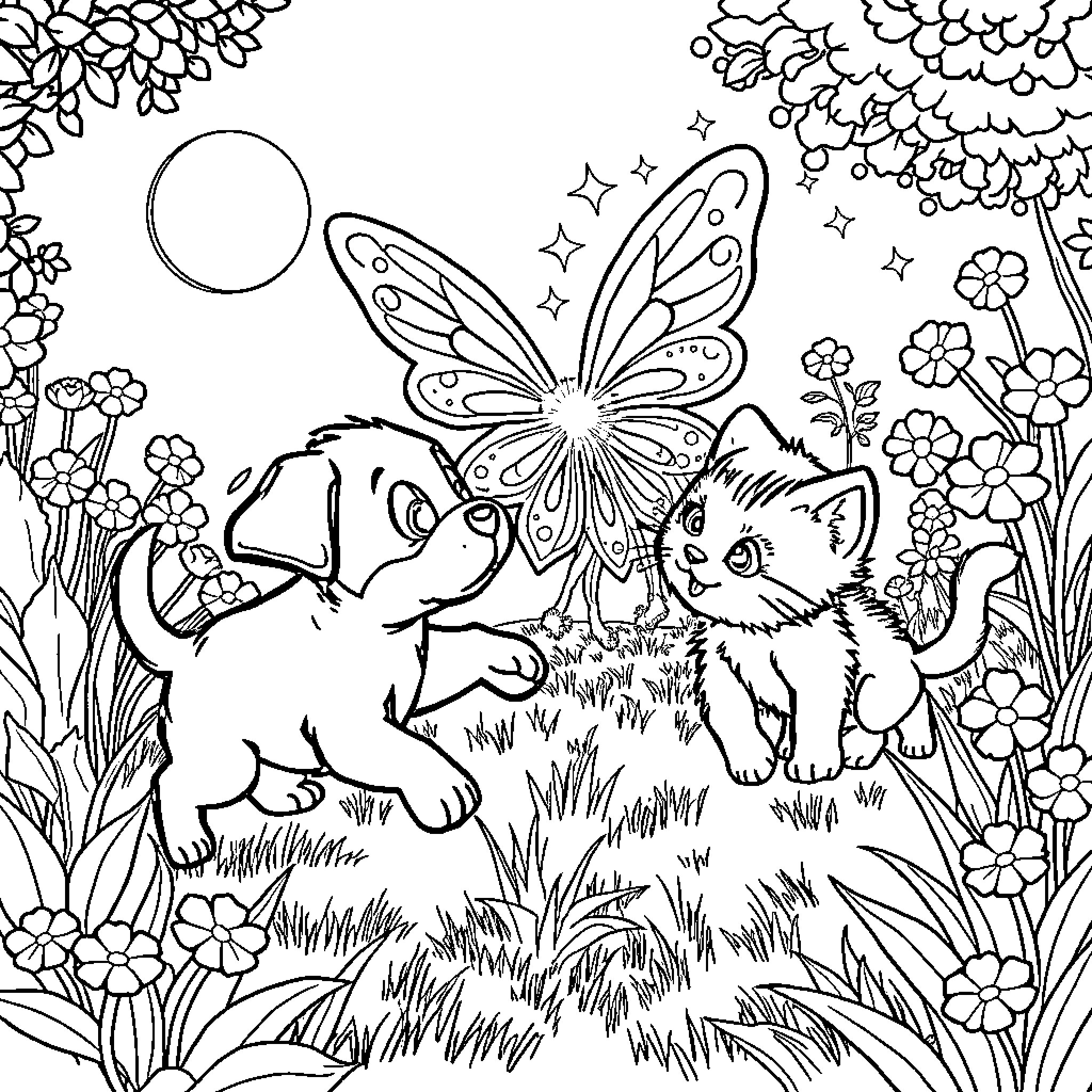 Puppy and Kitten Playing in a Whimsical Garden Coloring Page (free black-and-white line drawing printable PDF for all, from beginners to advanced learners, including children, teens, adults, and seniors)