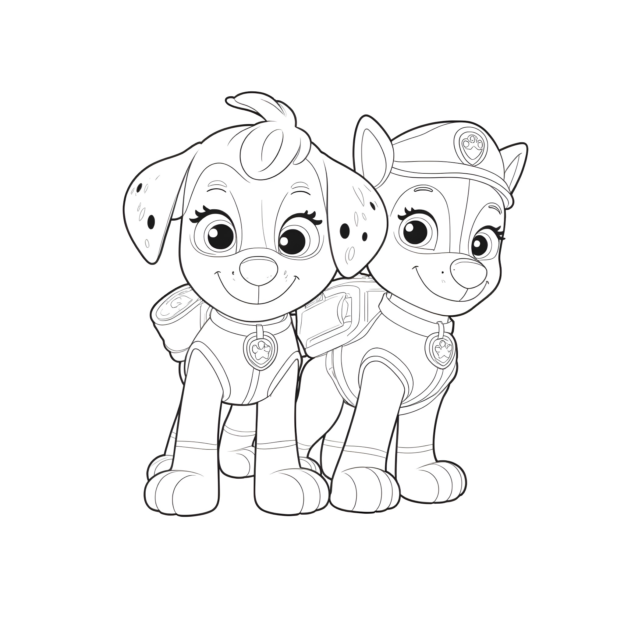 Paw Patrol characters in their uniforms Coloring Page (free black-and-white line drawing printable PDF for all, from beginners to advanced learners, including children, teens, adults, and seniors)