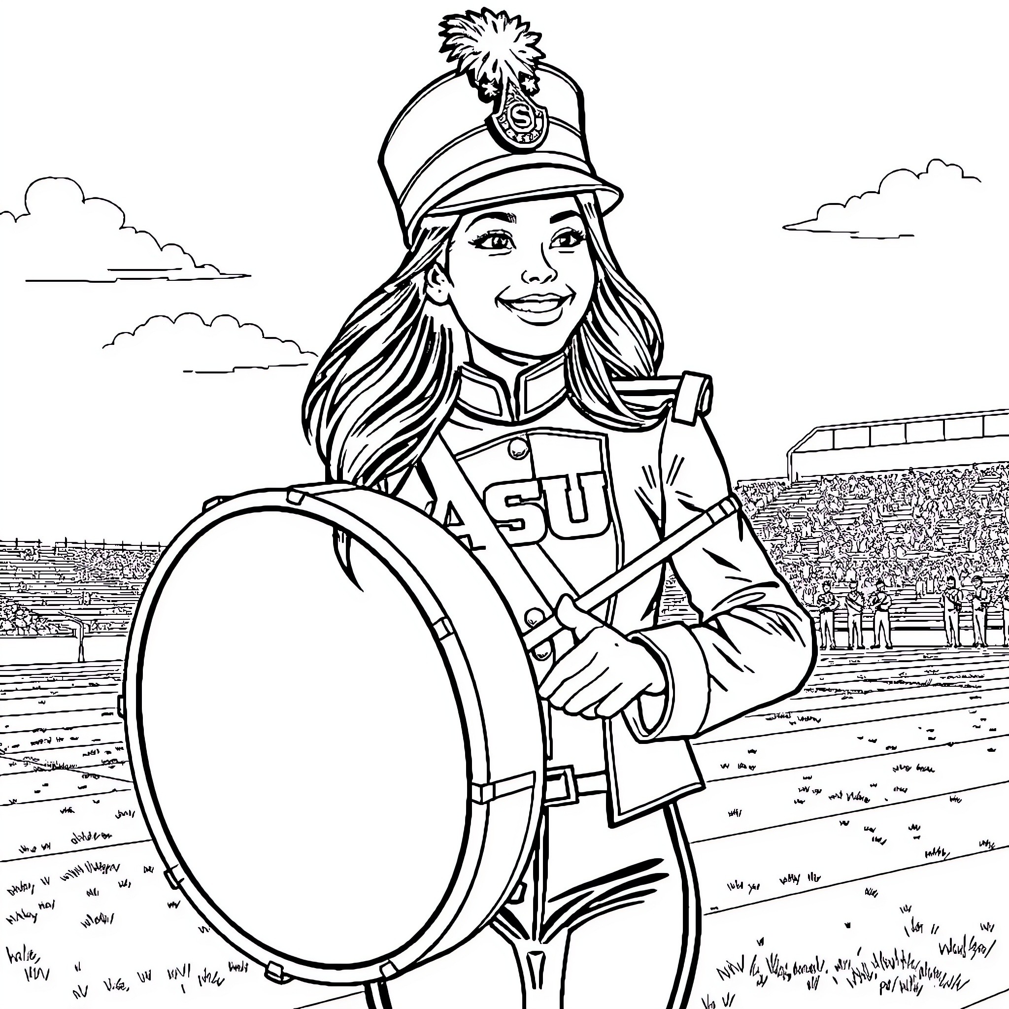 Brunette marching band member with drum on field Coloring Page (free black-and-white line drawing printable PDF for all, from beginners to advanced learners, including children, teens, adults, and seniors)