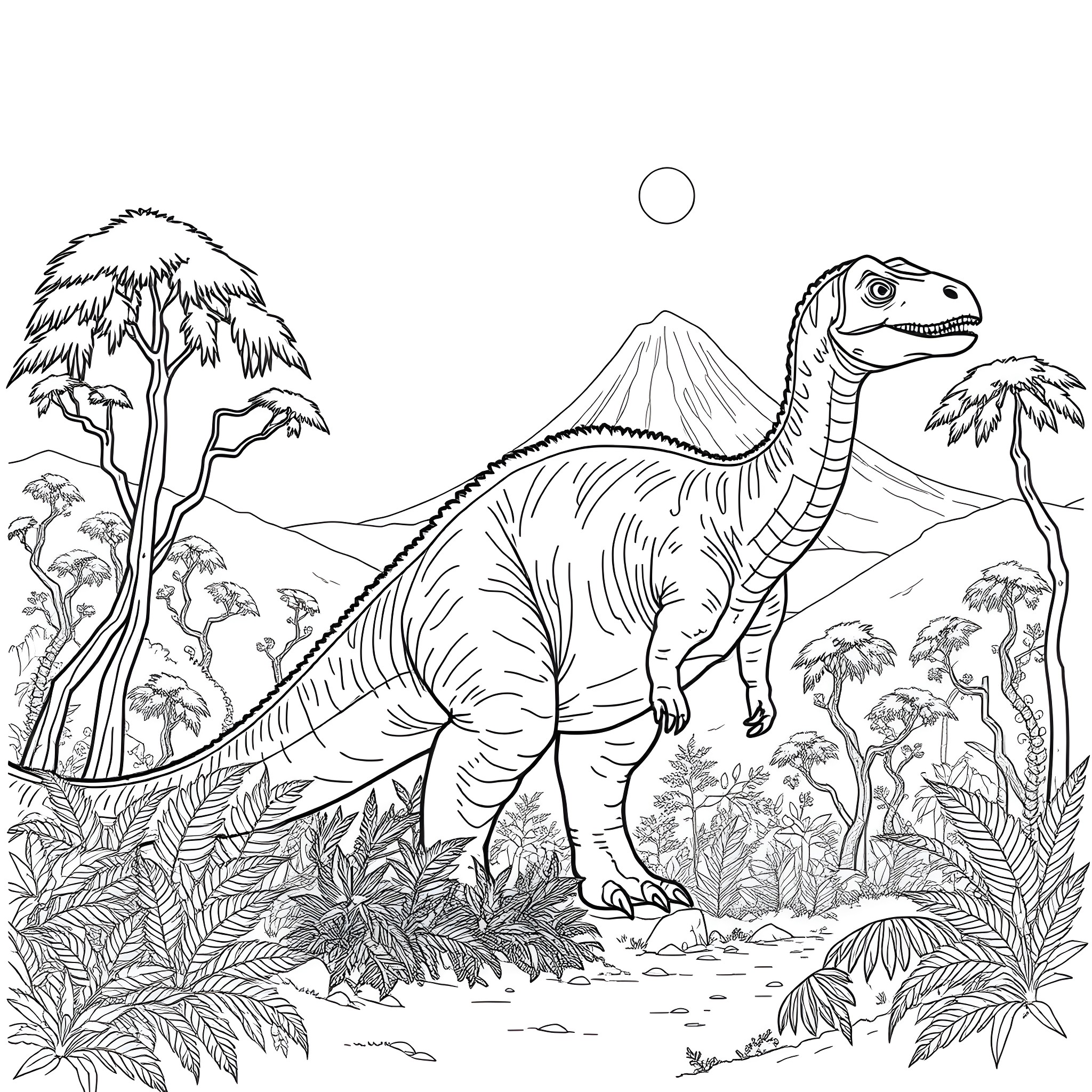 Dinosaur roaming through lush prehistoric landscape Coloring Page (free black-and-white line drawing printable PDF for all, from beginners to advanced learners, including children, teens, adults, and seniors)