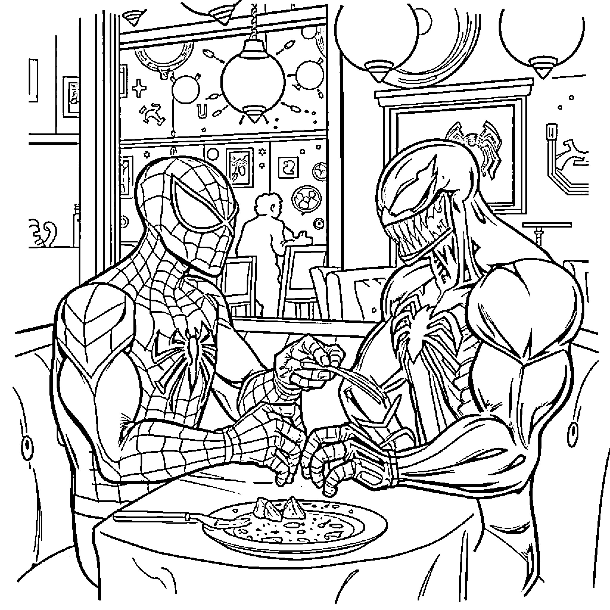 Spiderman and Villain's Confrontation in Comic-Inspired Room Coloring Page (free black-and-white line drawing printable PDF for all, from beginners to advanced learners, including children, teens, adults, and seniors)