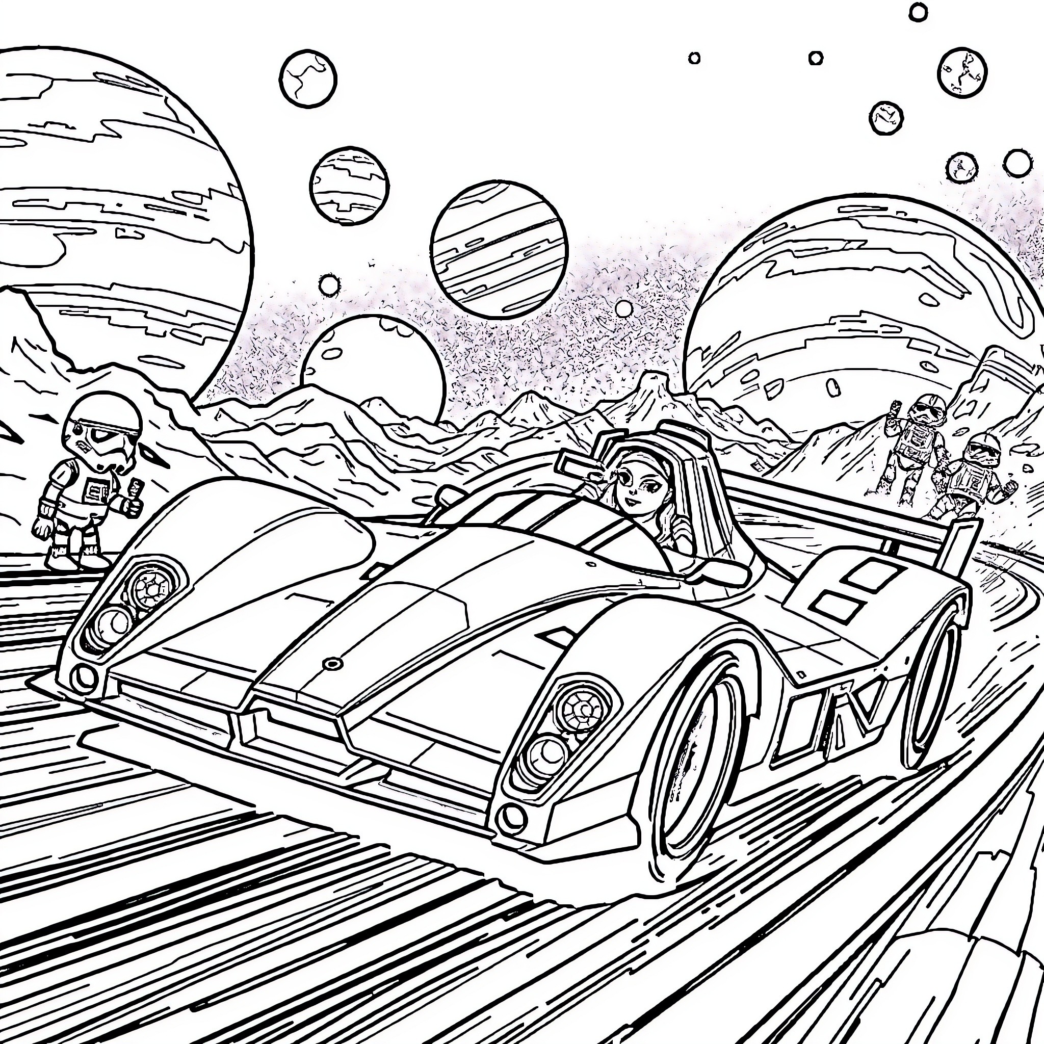 Racecar speeding through futuristic alien landscape Coloring Page (free black-and-white line drawing printable PDF for all, from beginners to advanced learners, including children, teens, adults, and seniors)