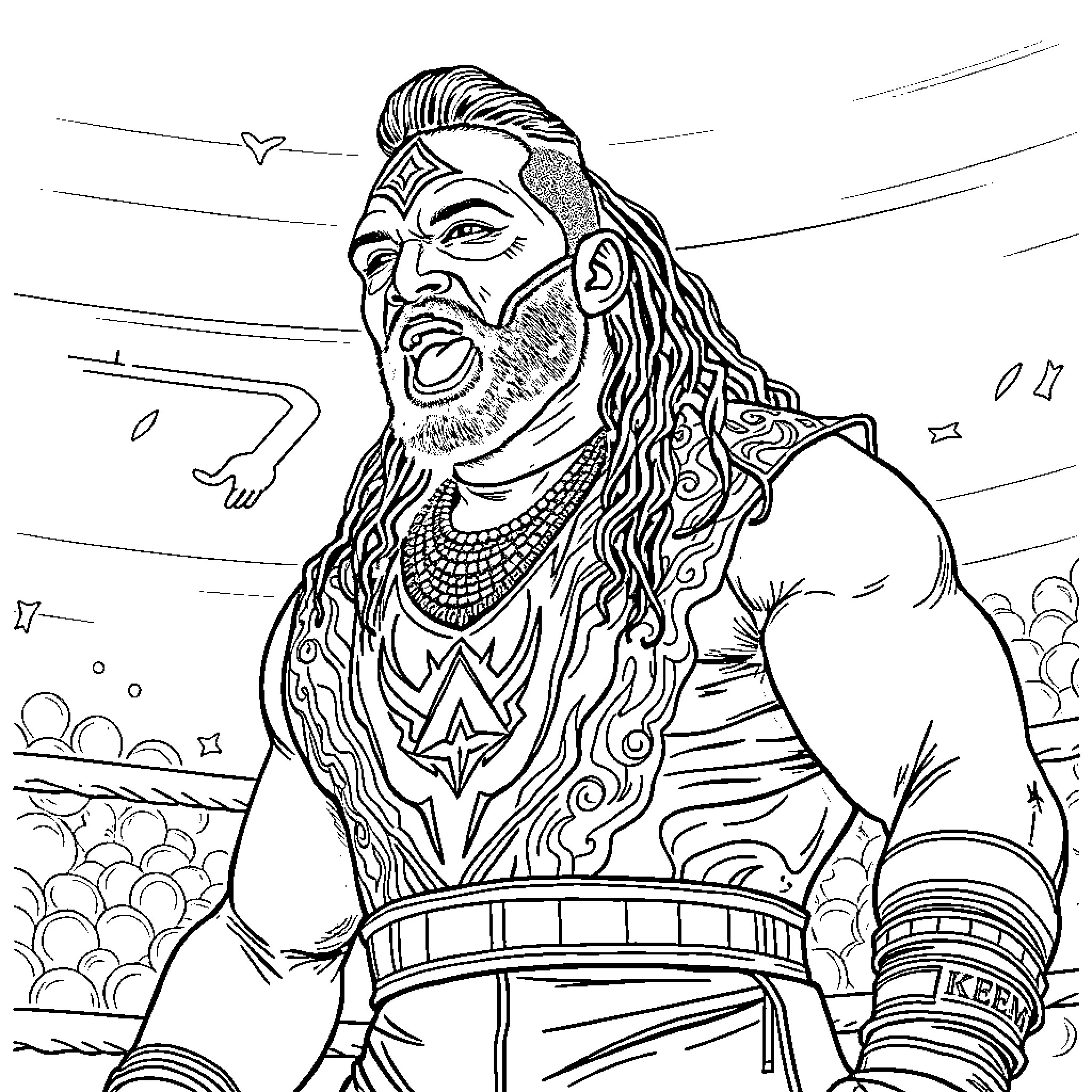 Akeem the fierce wrestler in the ring Coloring Page (free black-and-white line drawing printable PDF for all, from beginners to advanced learners, including children, teens, adults, and seniors)