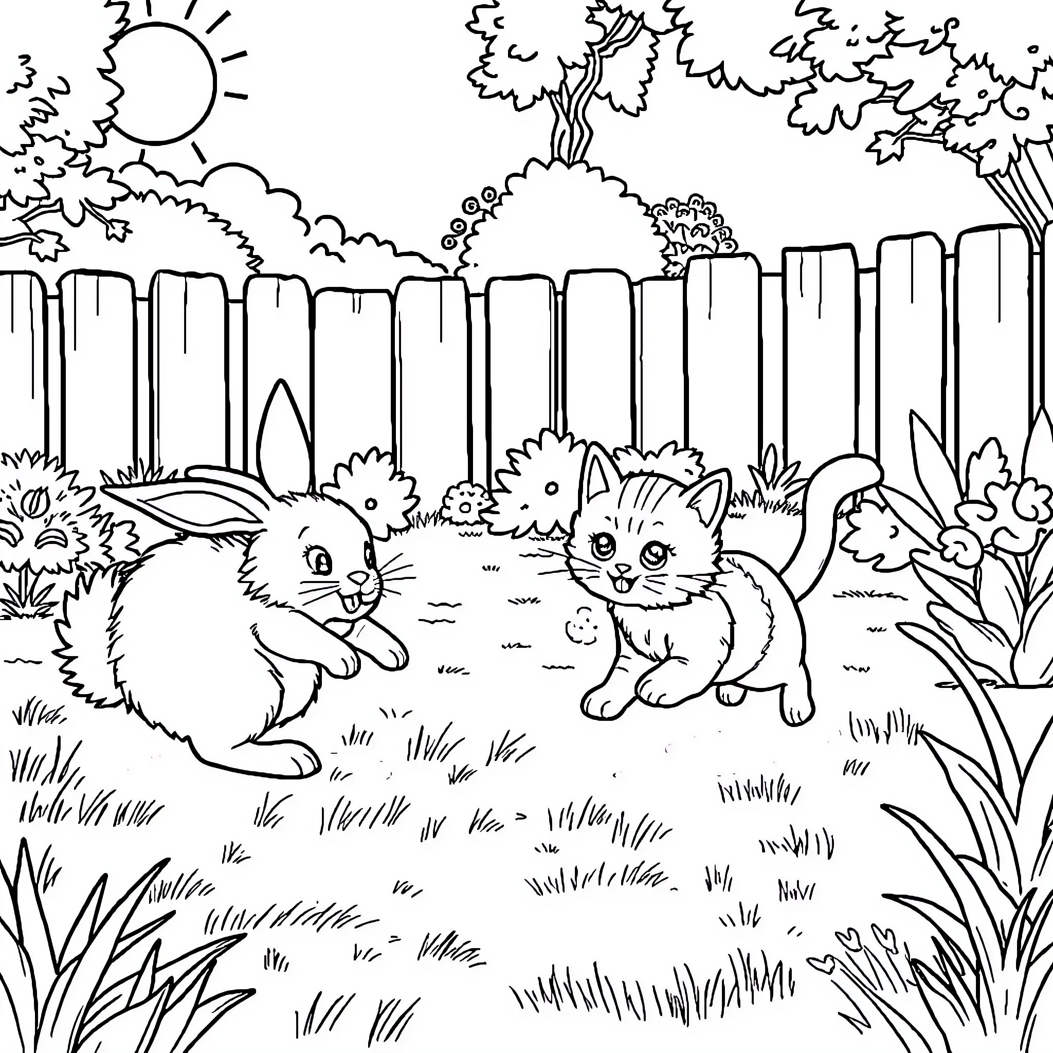 Bunny and kitty playing in the sunny garden Coloring Page (free black-and-white line drawing printable PDF for all, from beginners to advanced learners, including children, teens, adults, and seniors)
