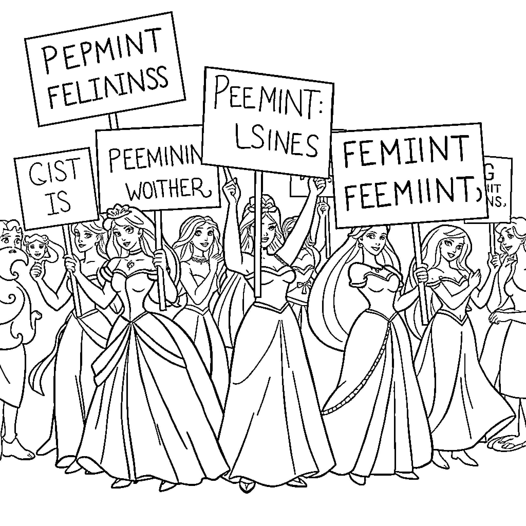 Disney Princesses Protesting for Equality and Rights Coloring Page (free black-and-white line drawing printable PDF for all, from beginners to advanced learners, including children, teens, adults, and seniors)