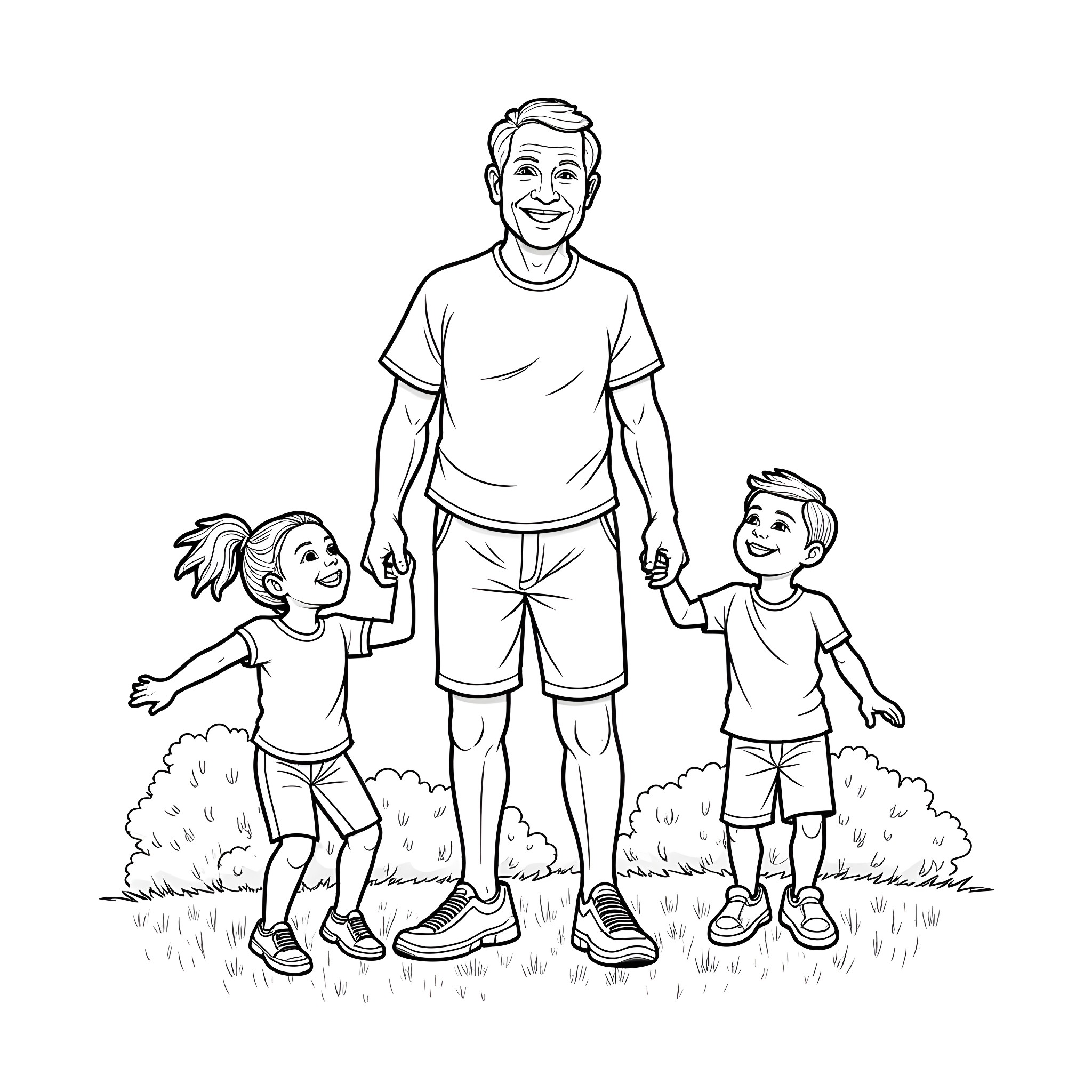 Grandfather enjoying outdoor time with grandchildren Coloring Page (free black-and-white line drawing printable PDF for all, from beginners to advanced learners, including children, teens, adults, and seniors)