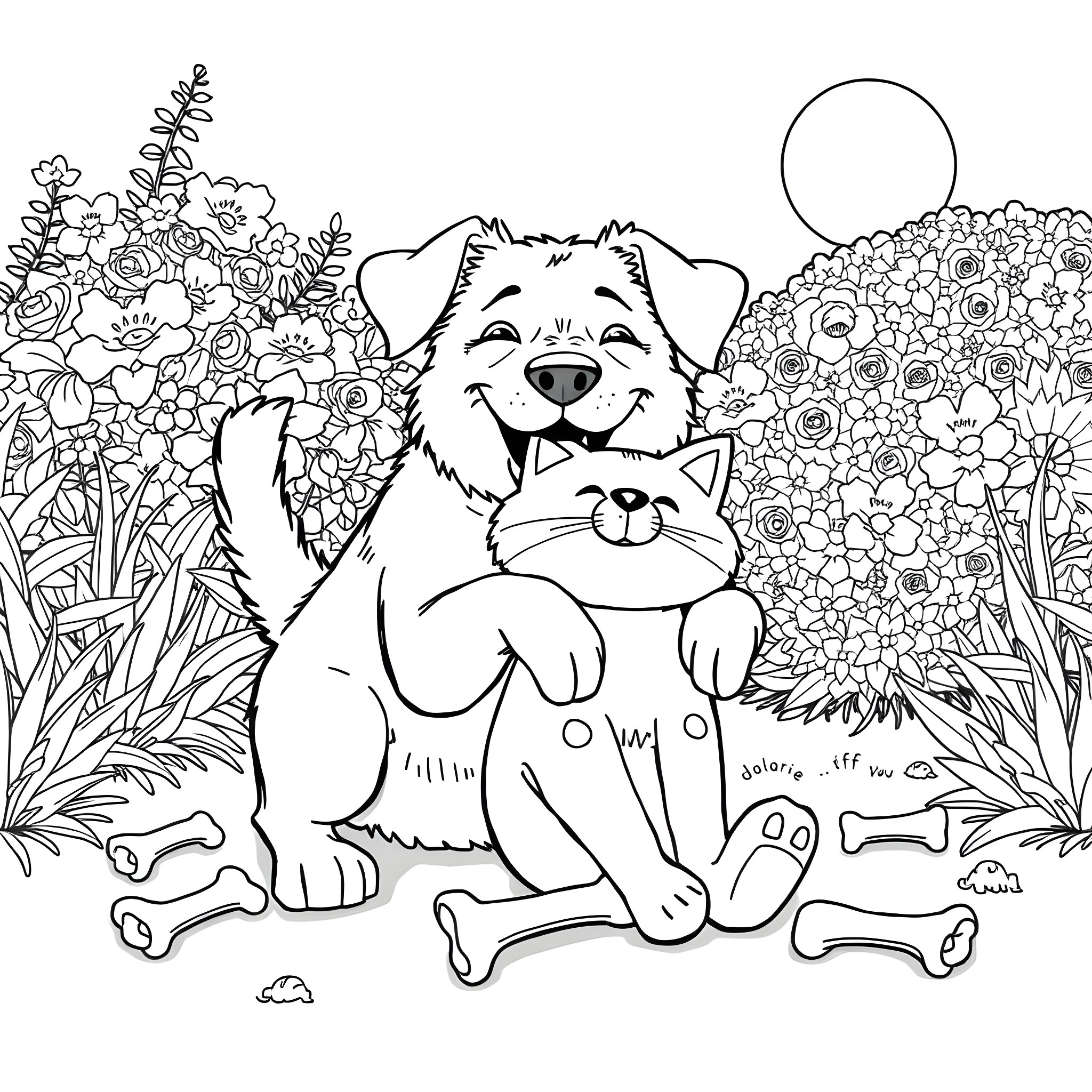 Dog and cat enjoying the floral garden Coloring Page (free black-and-white line drawing printable PDF for all, from beginners to advanced learners, including children, teens, adults, and seniors)
