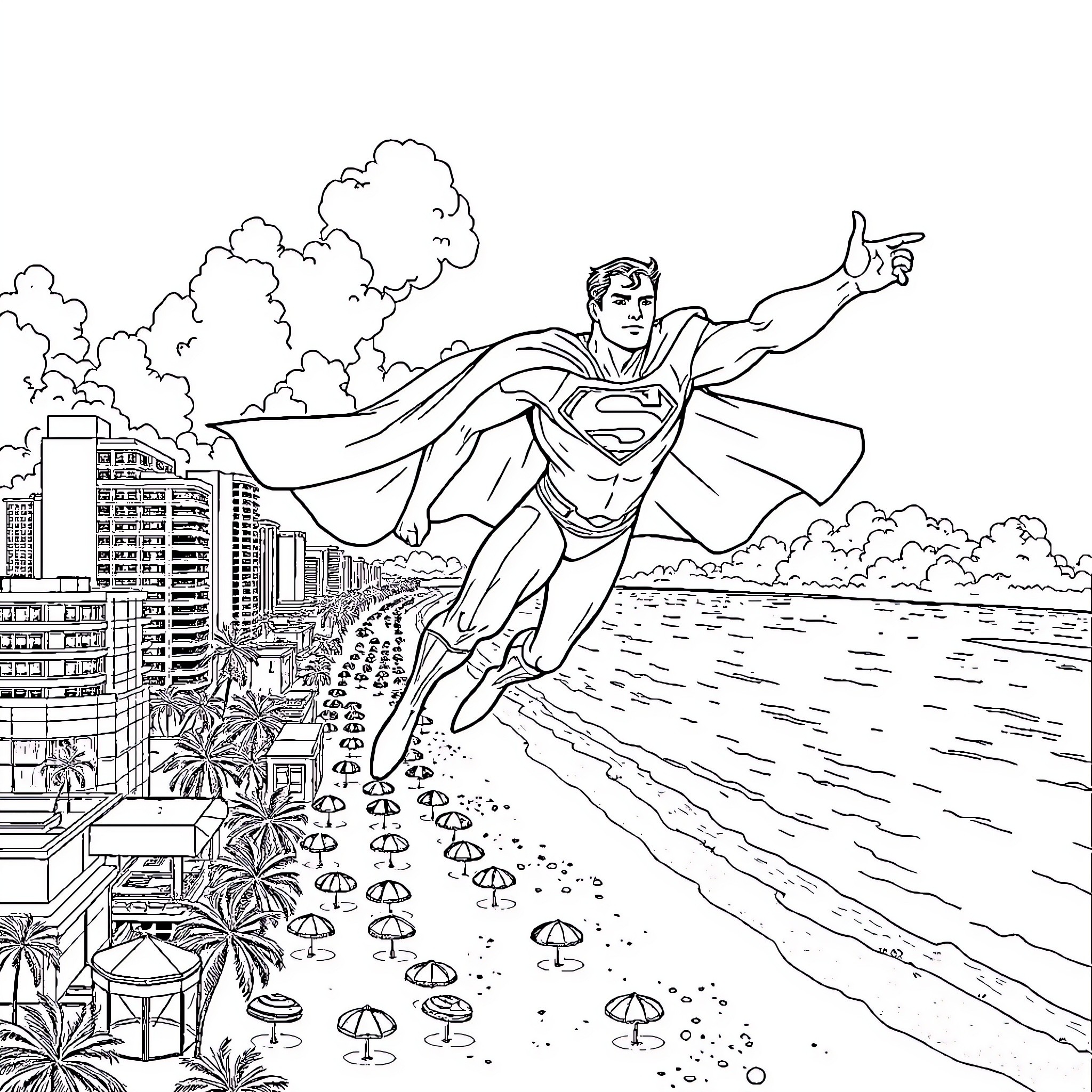 Superman flying over a cityscape Coloring Page (free black-and-white line drawing printable PDF for all, from beginners to advanced learners, including children, teens, adults, and seniors)