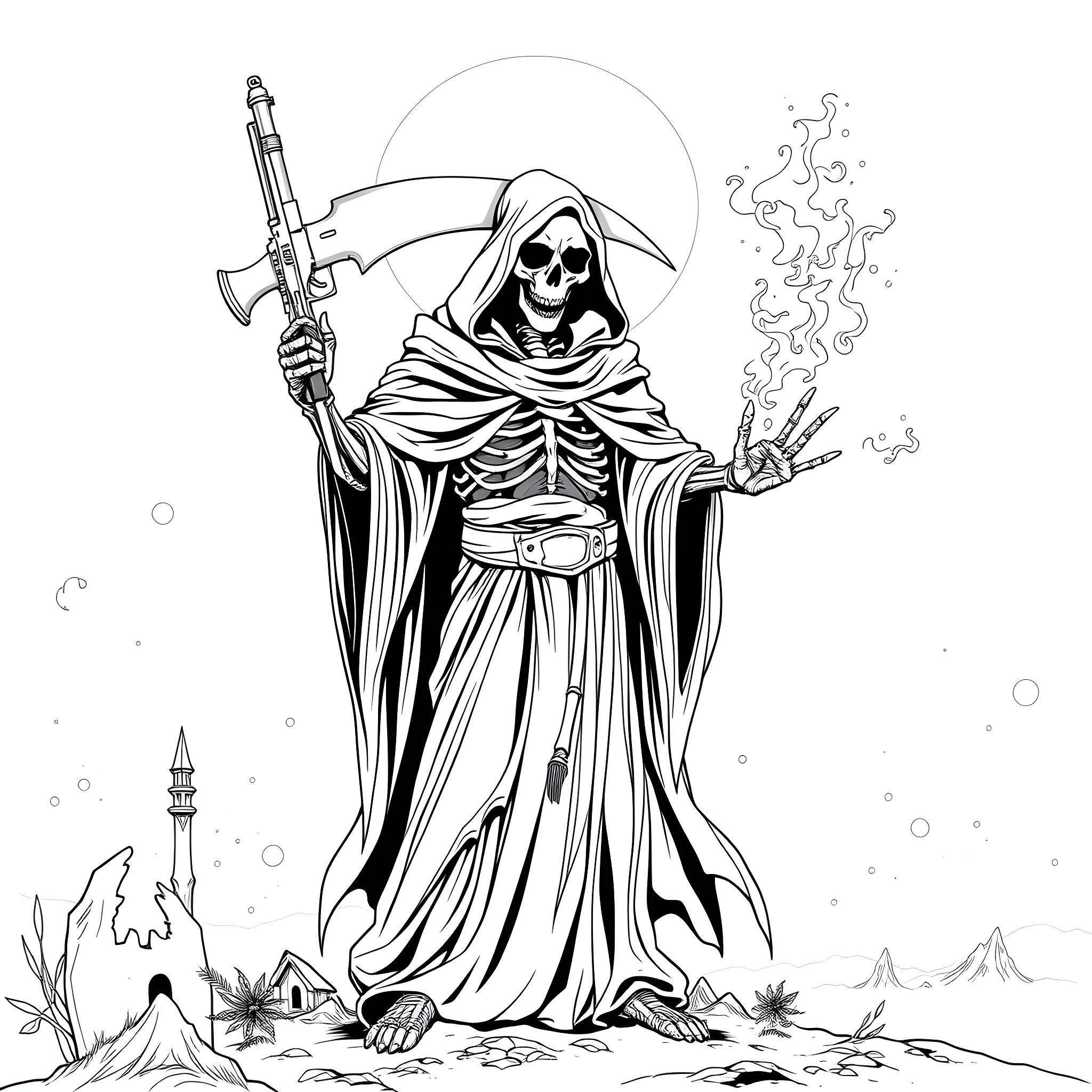 Grim Reaper wielding scythe in eerie, otherworldly scene Coloring Page (free black-and-white line drawing printable PDF for all, from beginners to advanced learners, including children, teens, adults, and seniors)
