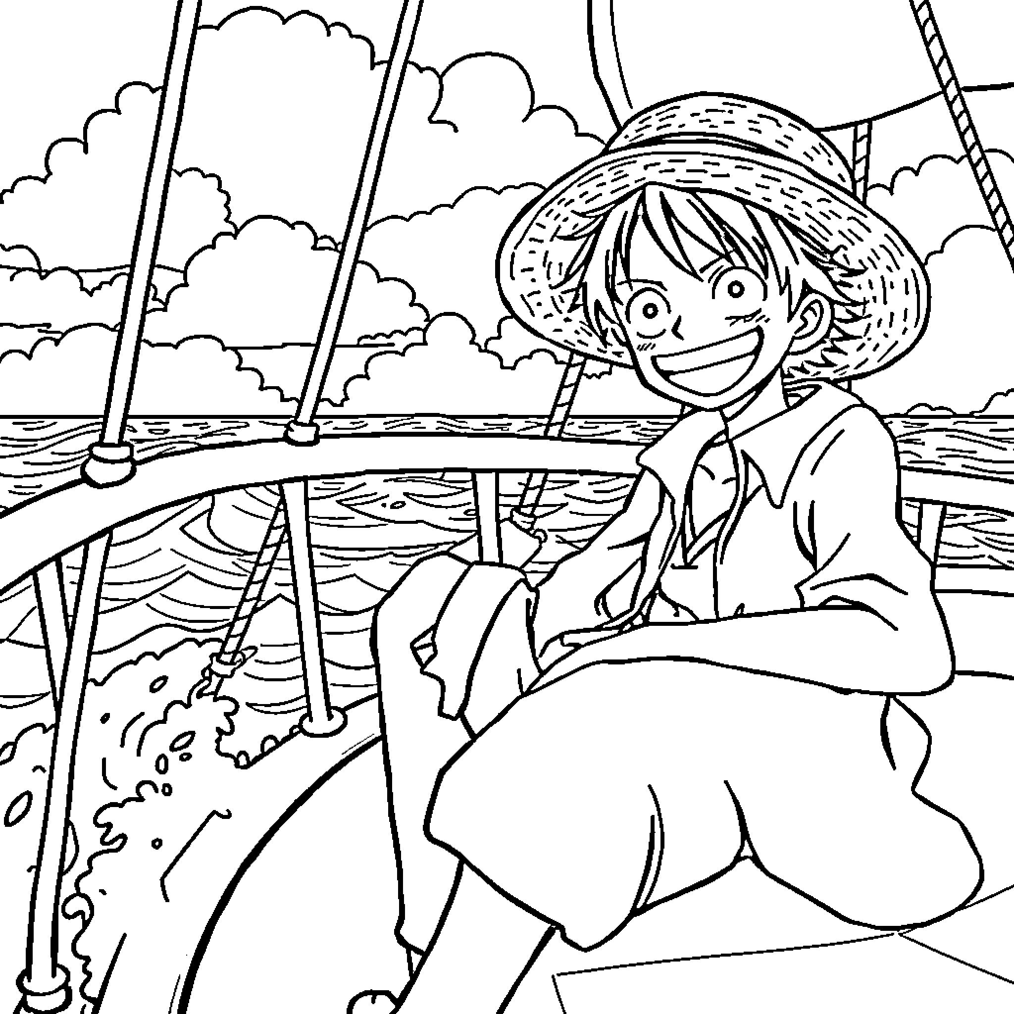 Luffy sailing on the high seas Coloring Page (free black-and-white line drawing printable PDF for all, from beginners to advanced learners, including children, teens, adults, and seniors)
