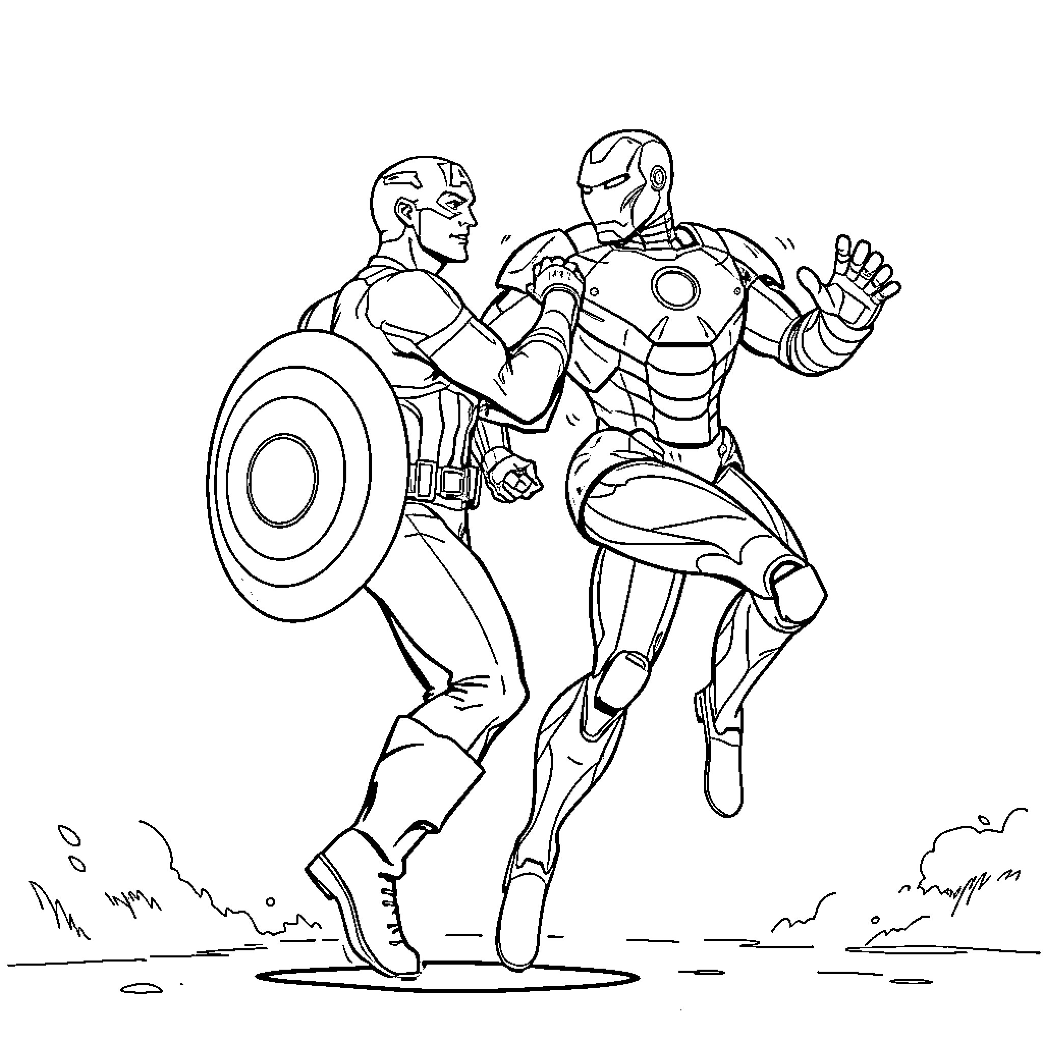 Captain America confronting Iron Man in action Coloring Page (free black-and-white line drawing printable PDF for all, from beginners to advanced learners, including children, teens, adults, and seniors)