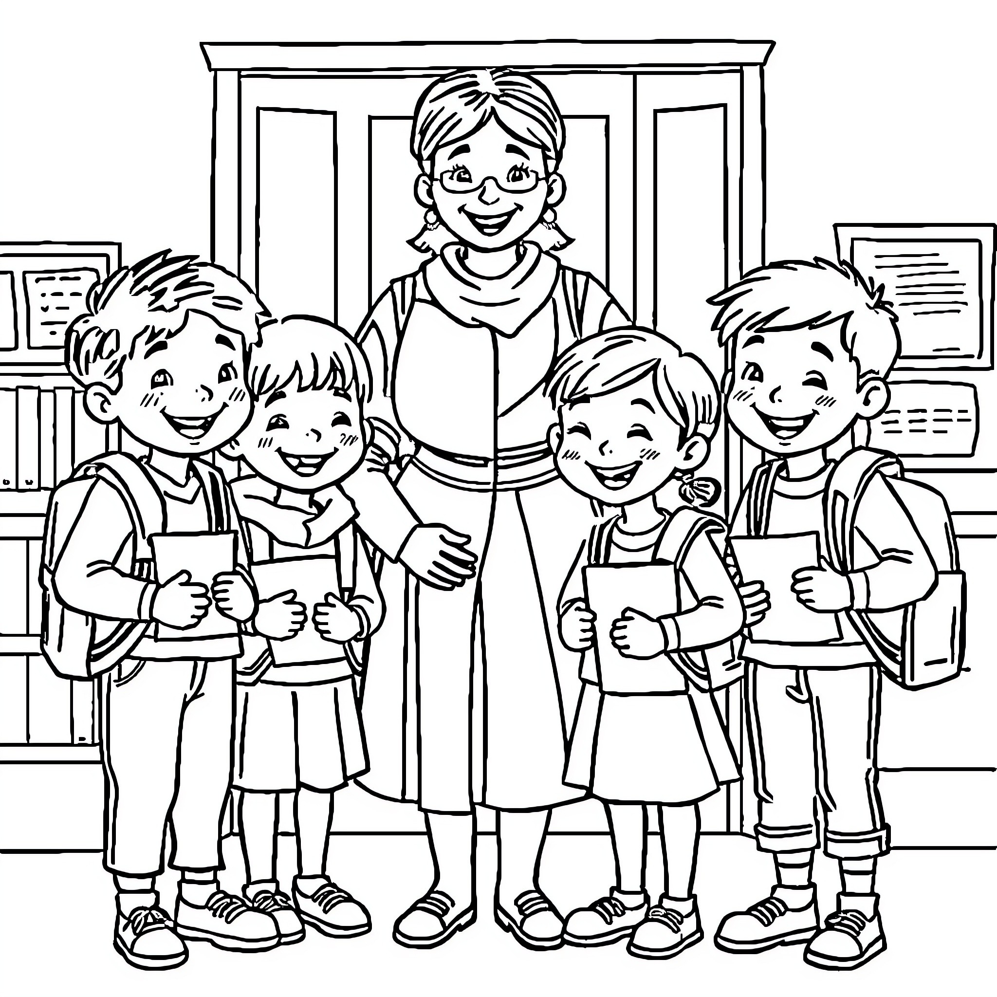 Children Posing with Teacher in Classroom Coloring Page (free black-and-white line drawing printable PDF for all, from beginners to advanced learners, including children, teens, adults, and seniors)
